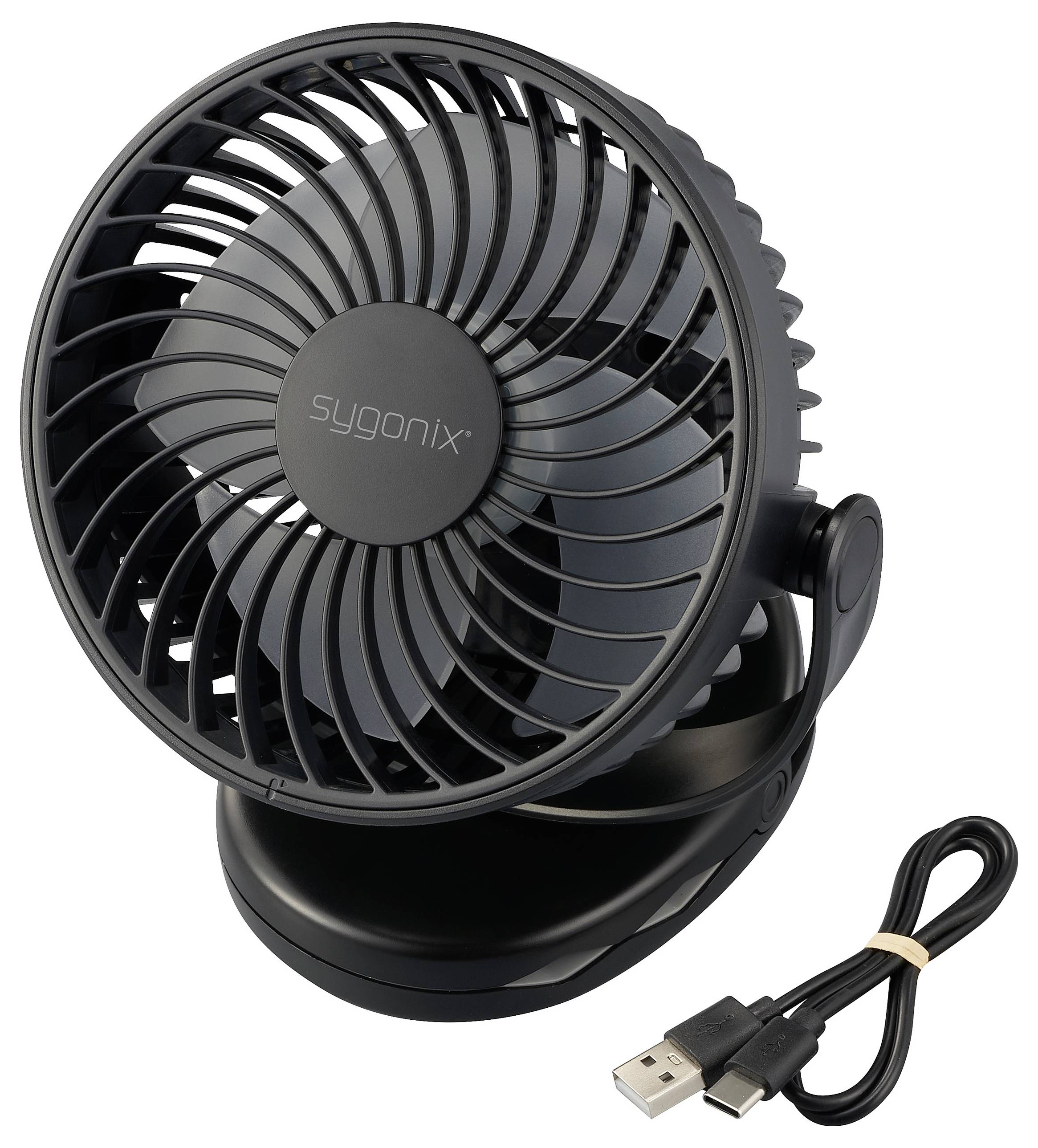 Černý stolní ventilátor značky Sygonix s USB připojovacím kabelem. Ventilátor je kompaktní a otočný, ideální pro umístění na psací stůl.