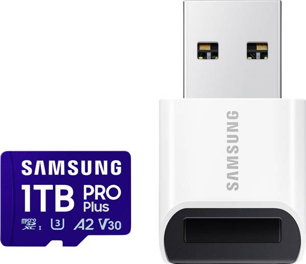 Samsung microSD Card PRO Plus (2023) paměťová kartam miniSDXC Retail 1 TB Class 10, UHS-Class 1, Class 3 UHS-I, v30 Video Speed Class, A2 Application Performance Class vč. USB čtečky karet