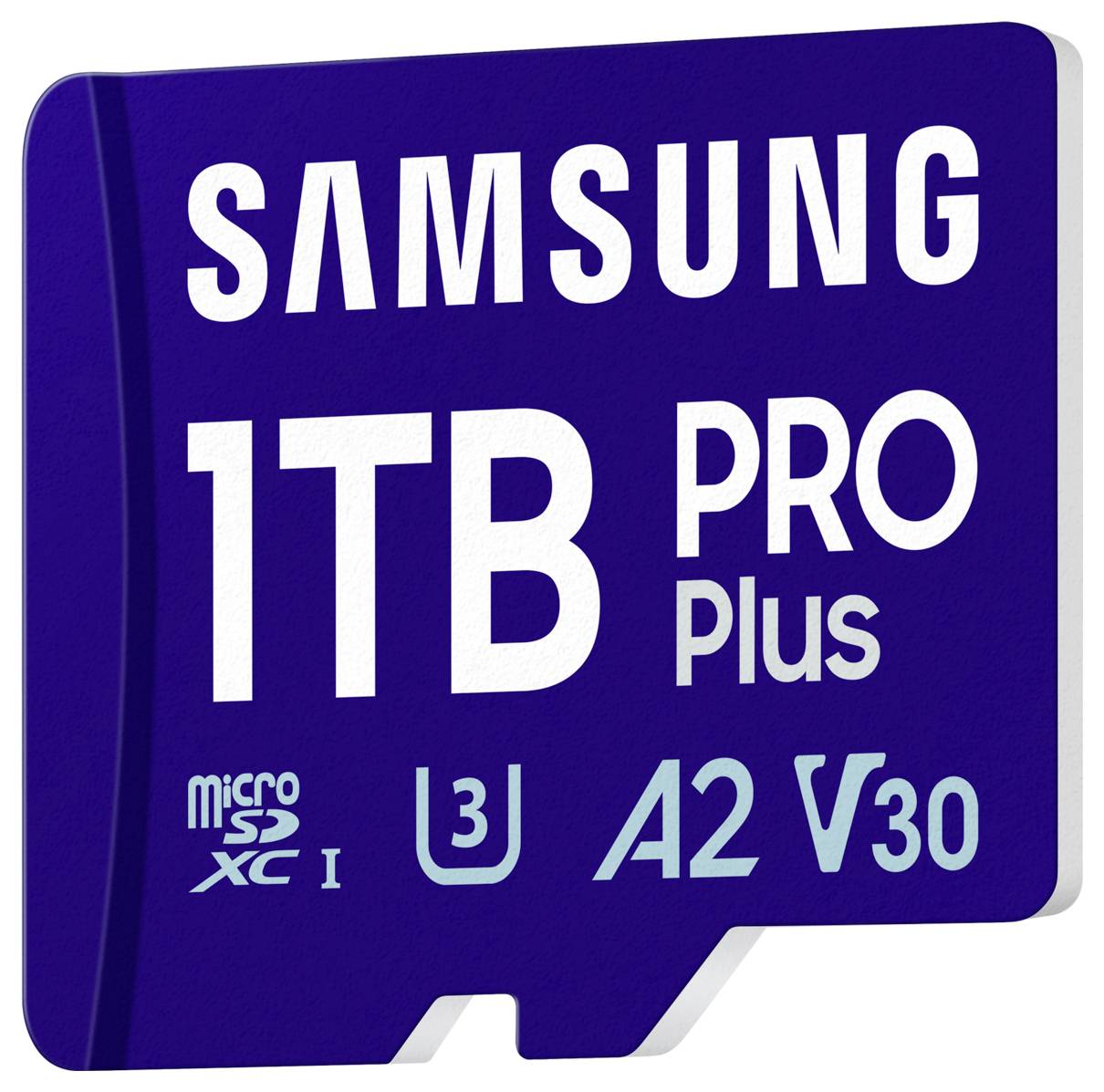 Modrá mikroSD paměťová karta s potiskem 'Samsung 1TB PRO Plus' nabízí vysokou kapacitu úložiště a výkonnostní třídy A2, U3, V30.