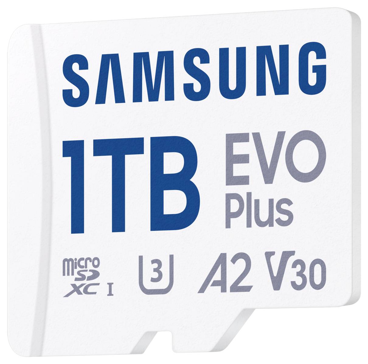 Paměťová karta Samsung 1TB EVO Plus microSD zobrazuje kapacitu a výkonnostní parametry jako U3, A2 a V30, vhodná pro rozšíření úložného prostoru.