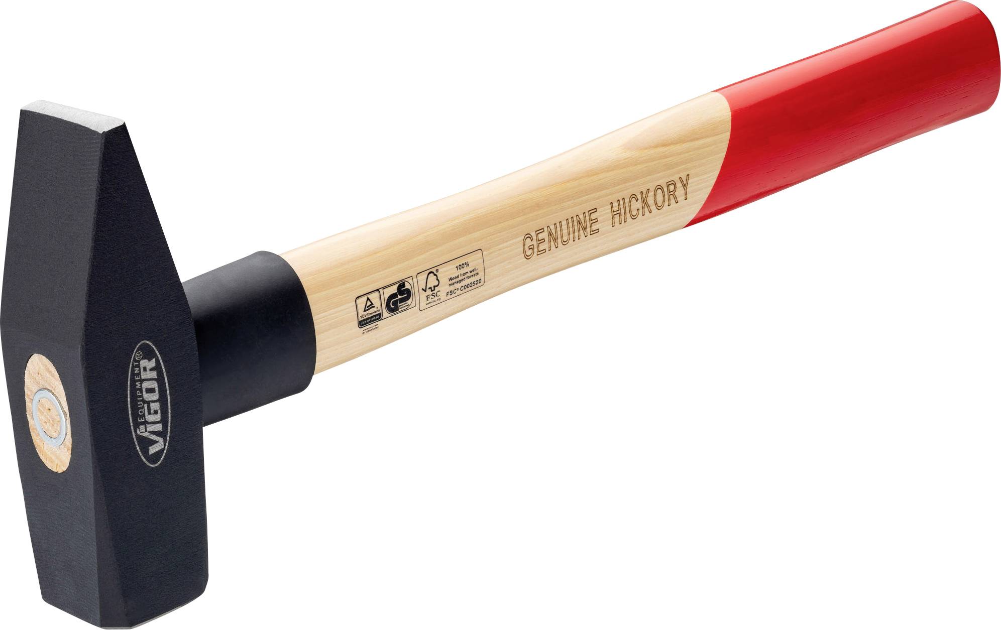 Kladivo s dřevěnou rukojetí a červeným koncem. Na rukojeti je napsáno 'Genuine Hickory'.