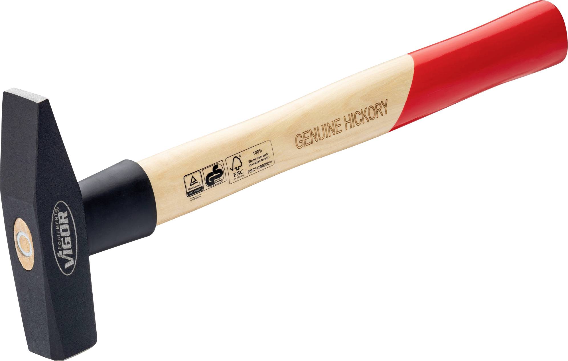 Dřevěné kladivo s červenou rukojetí, označené nápisem 'Genuine Hickory'.