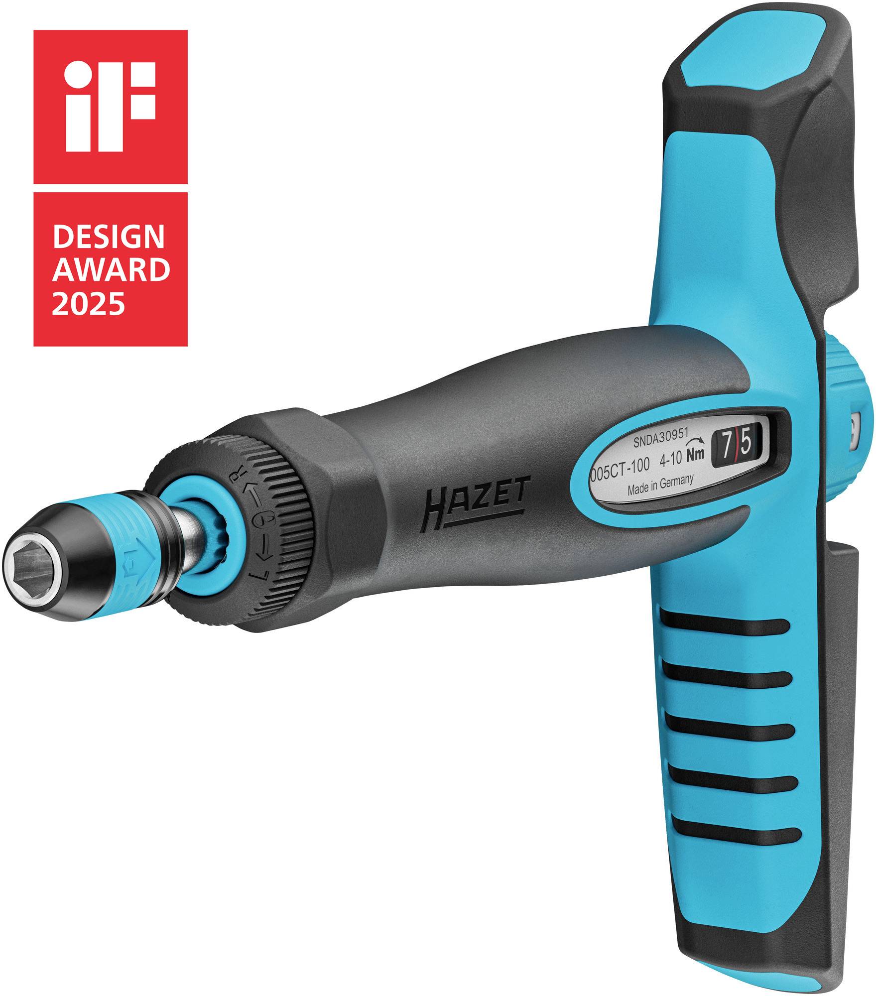 Momentový klíč Hazet v modré a černé barvě, oceněný cenou iF Design Award 2025.