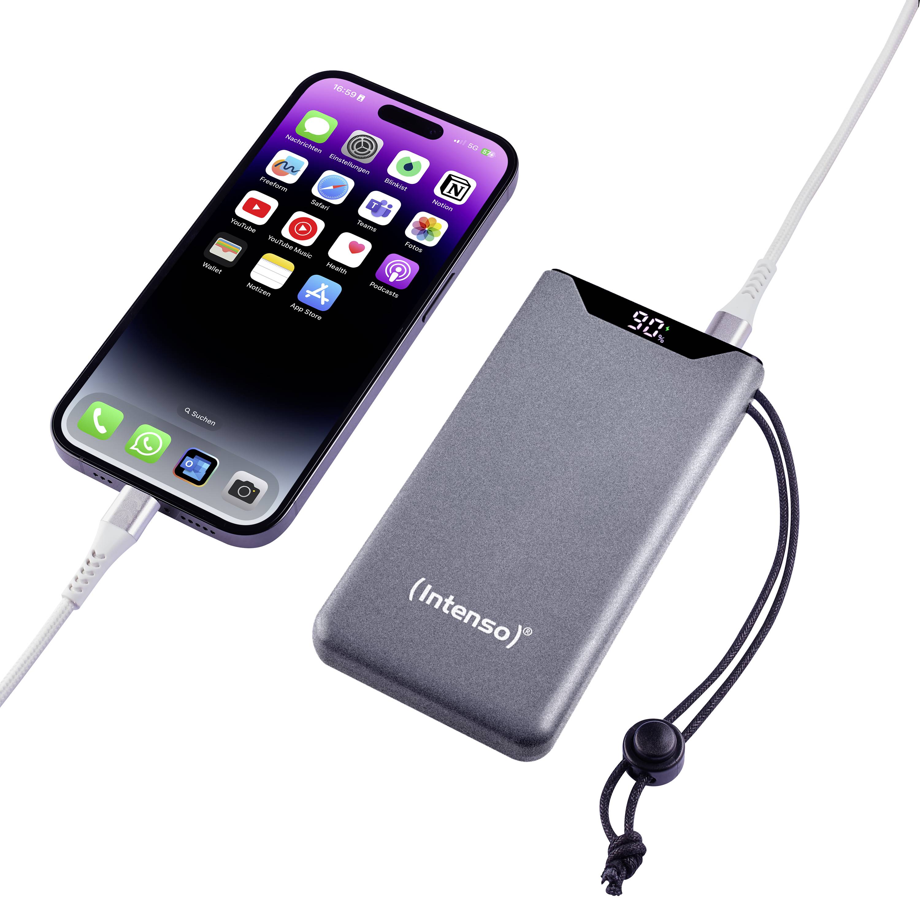 Smartphone se nabíjí powerbankou přes kabel.