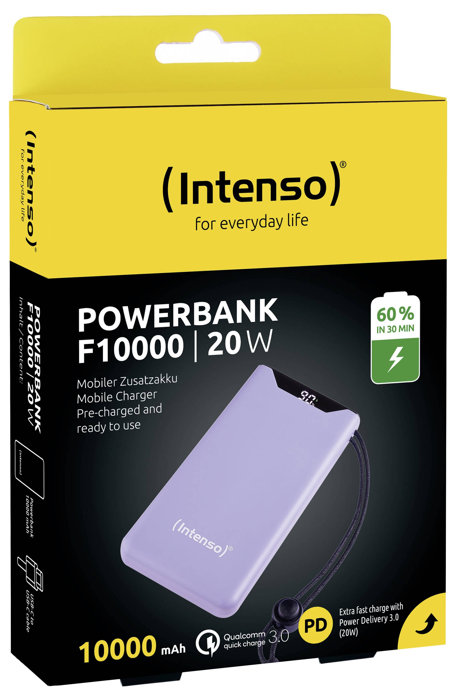 Obal 'Intenso Powerbank F10000 | 20W'. Zobrazuje fialovou powerbanka s rychlým nabíjením, kapacitou 10000 mAh, 60% nabití za 30 minut.