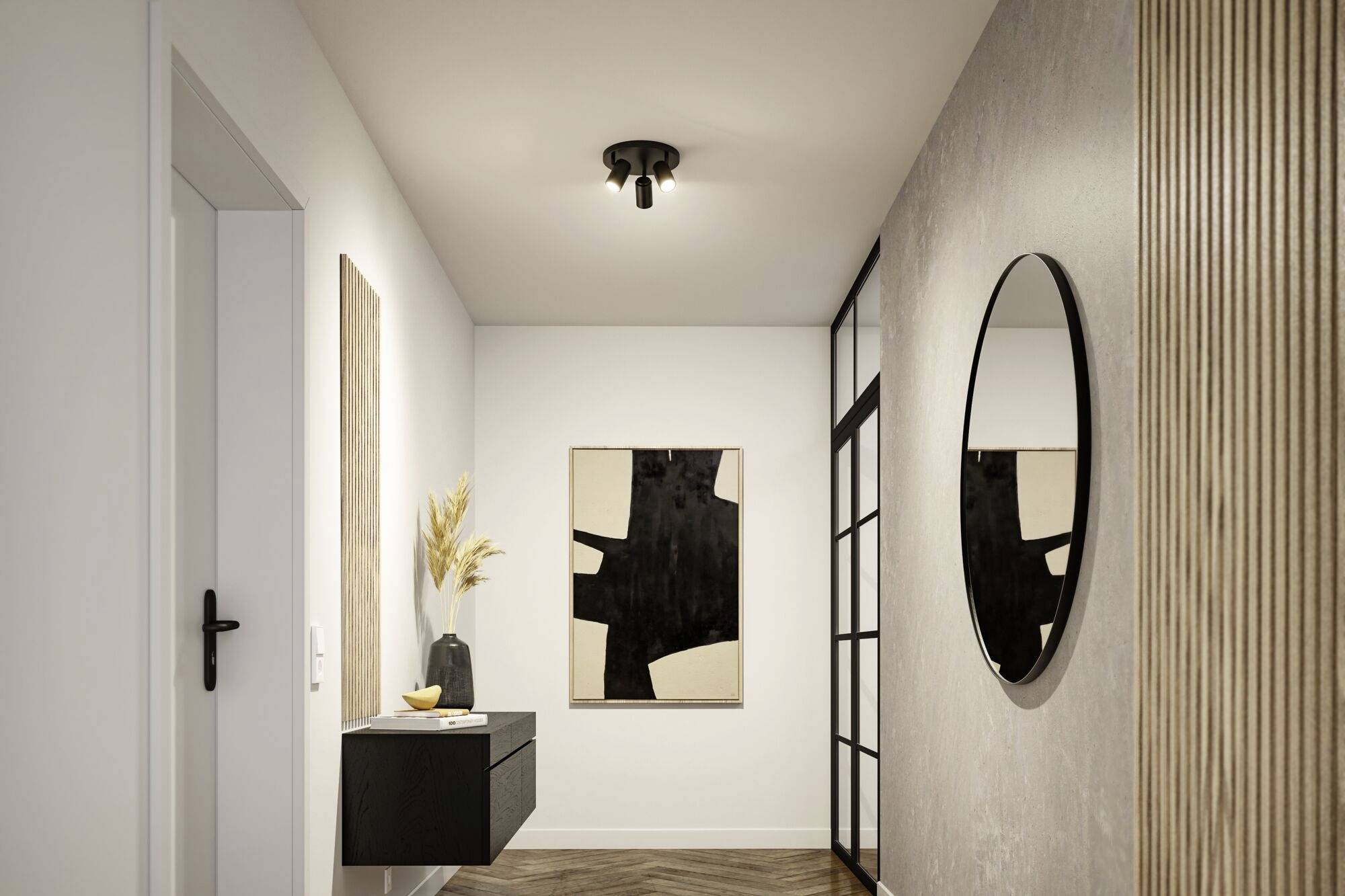 Moderní předsíň s dřevěnými a skleněnými prvky, kulatým zrcadlem, uměleckým dílem na stěně a černým konzolním stolkem.
