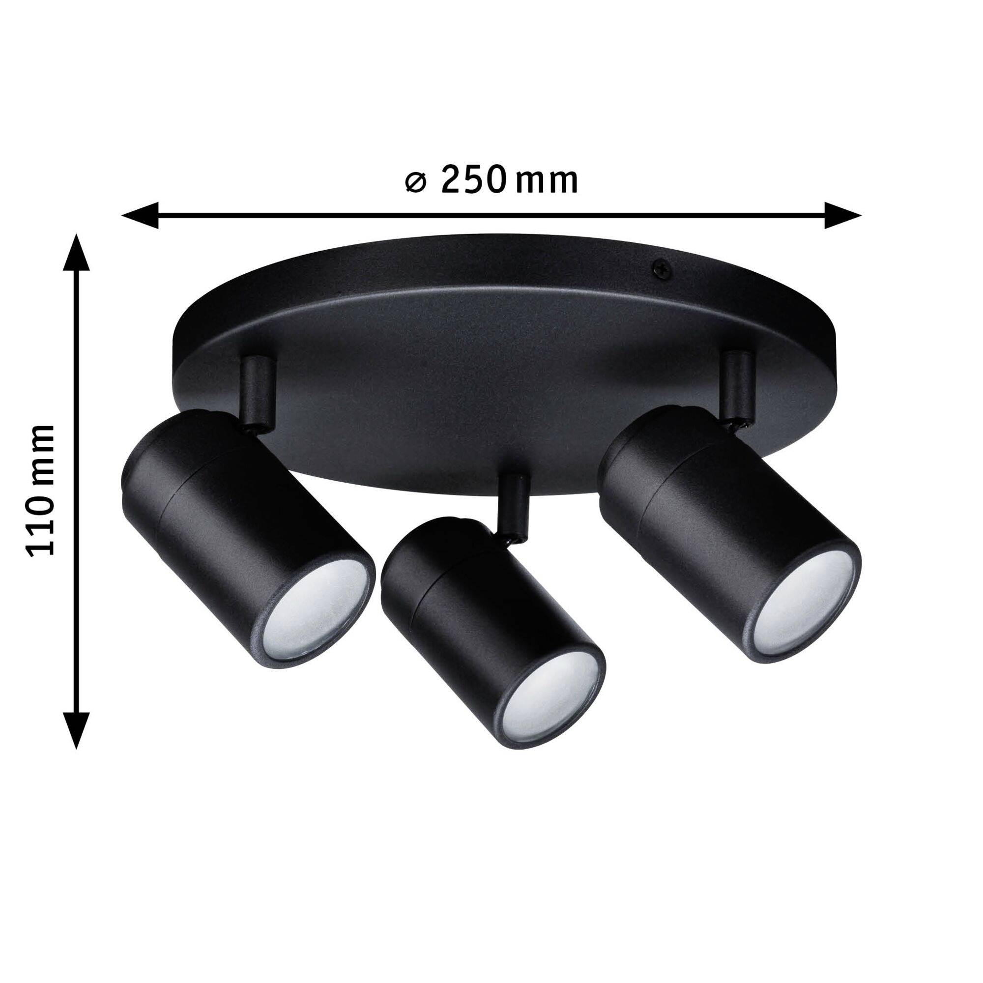 Černé kulaté stropní svítidlo se třemi nastavitelnými reflektory. Průměr 250 mm, výška 110 mm.