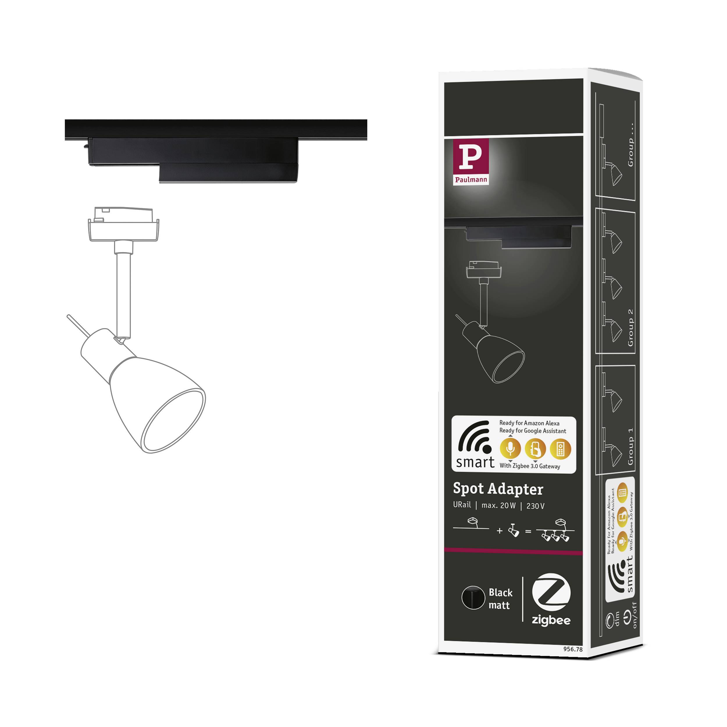 'Spot-Adapter Smart' černé balení, max. 20W, 230V, kompatibilní s Amazon Alexa a Zigbee. Vlevo: schematický nákres.