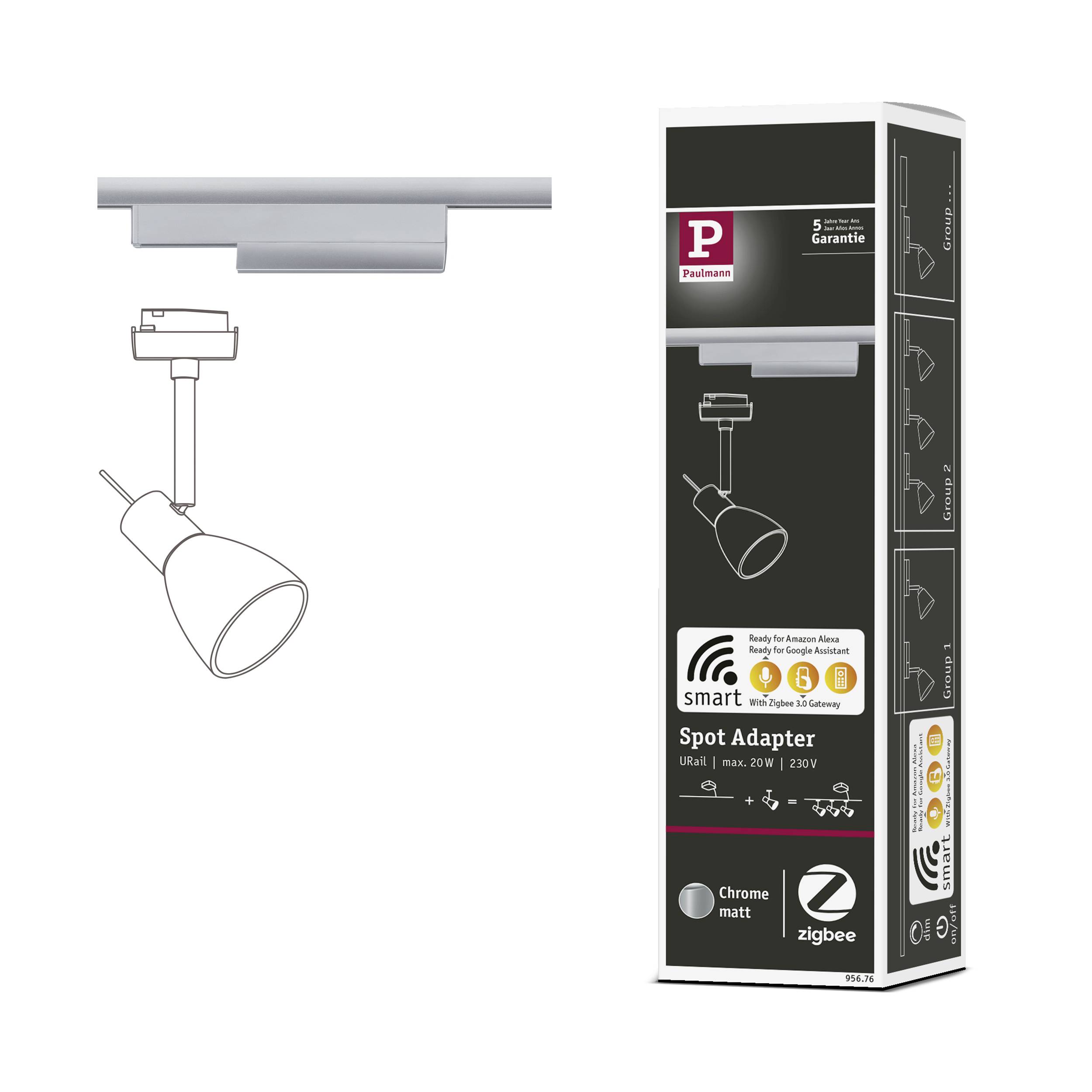 Adaptér 'Smart Spot Adapter' od společnosti Paulmann v matném chromu. Kompatibilní se systémem Zigbee. Obal zobrazuje adaptér lampy pro kolejnicový systém.