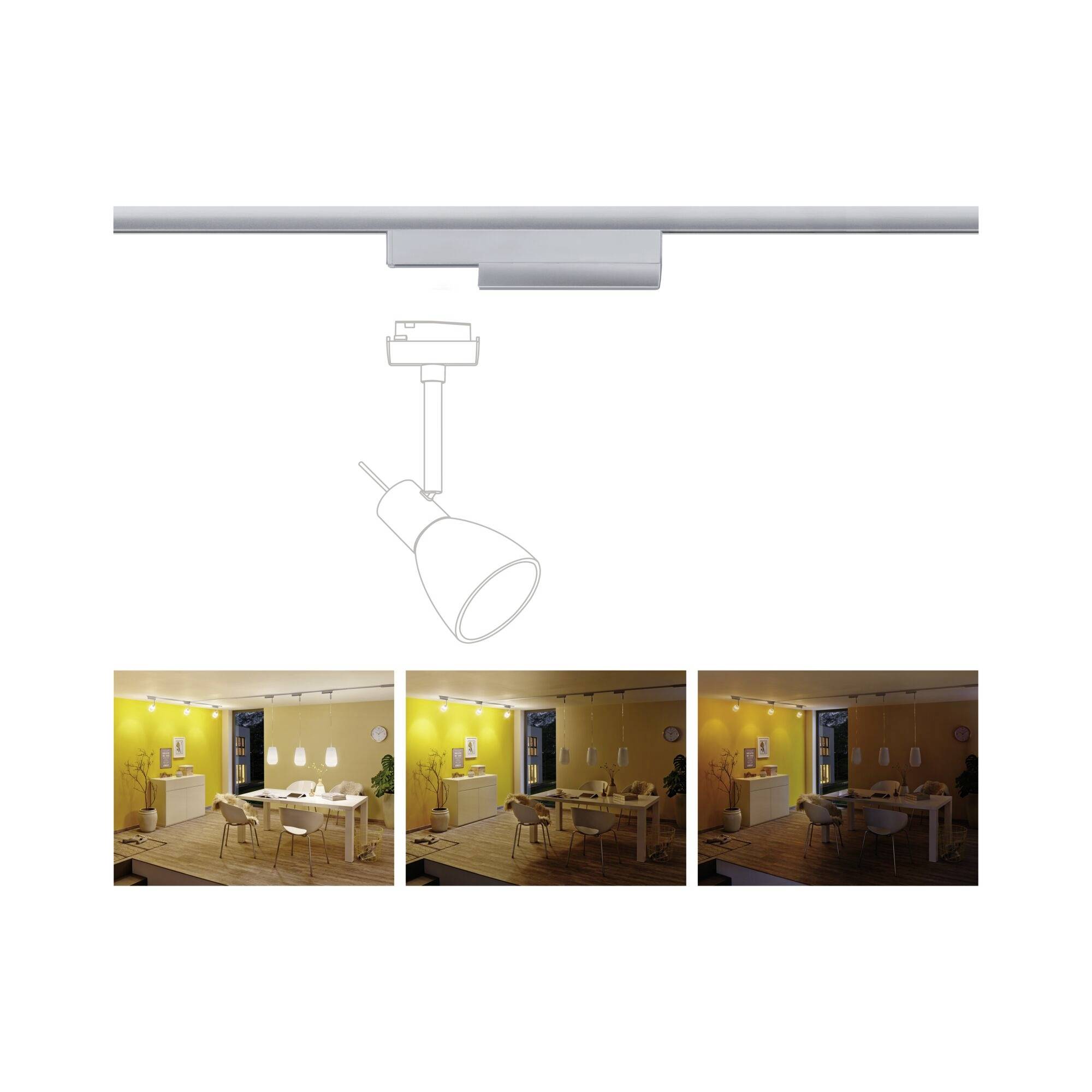 Stropní lampa s nastavitelným bodovým světlem. Tři obrázky dole ukazují místnost s různou intenzitou osvětlení.
