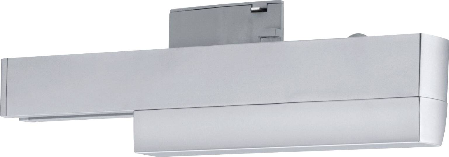 Stříbrné zařízení na zavírání dveří s moderním, obdélníkovým designem. Je namontováno pro automatické dovírání dveří.