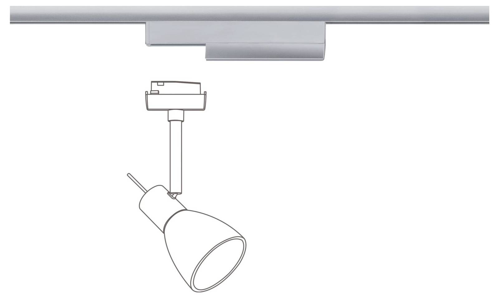 Kolejnicová lampa s nastavitelným reflektorem; zobrazuje způsob upevnění a otočný spot pro cílené osvětlení.