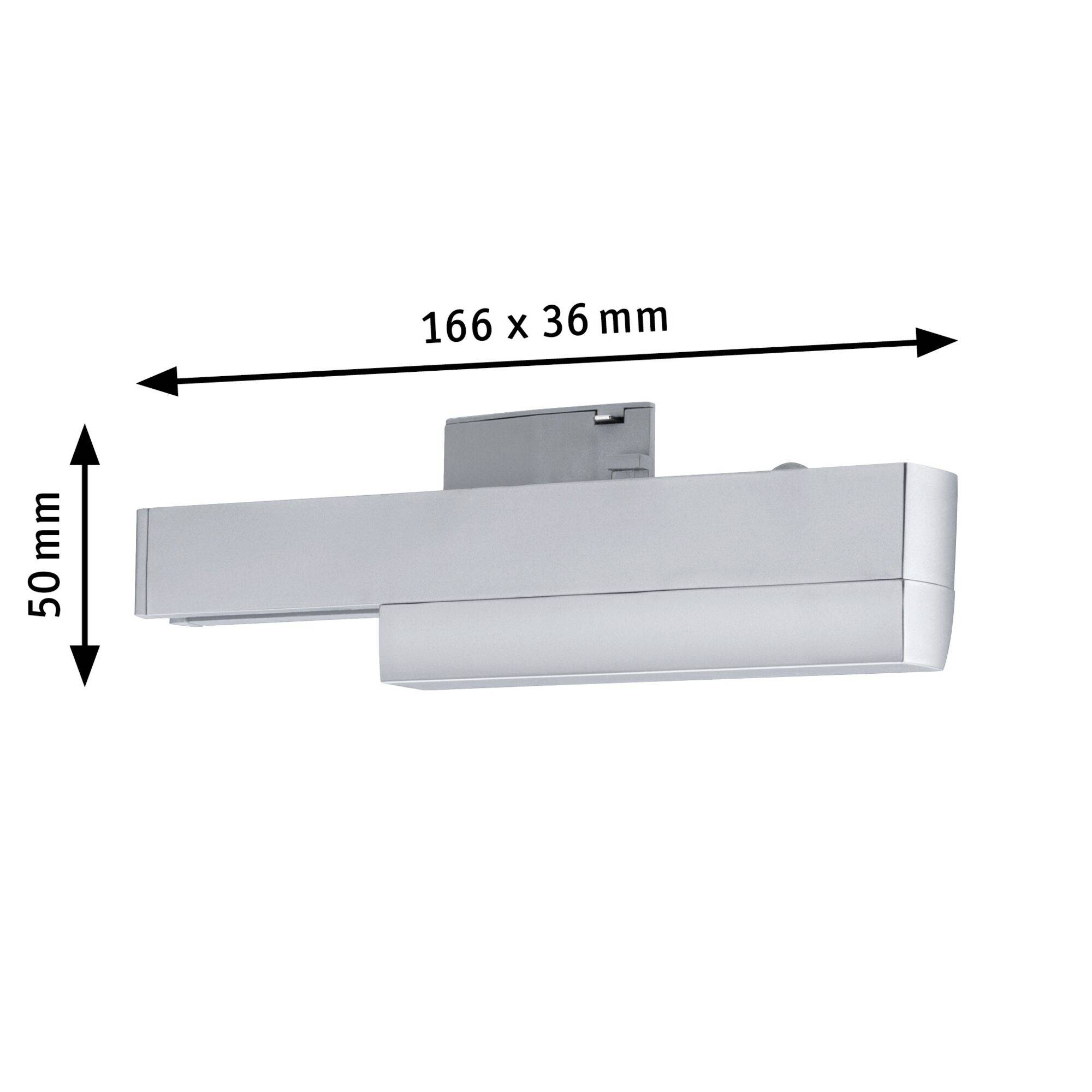 Stříbrná pravoúhlá lampa s rozměry 166 x 36 mm a výškou 50 mm.