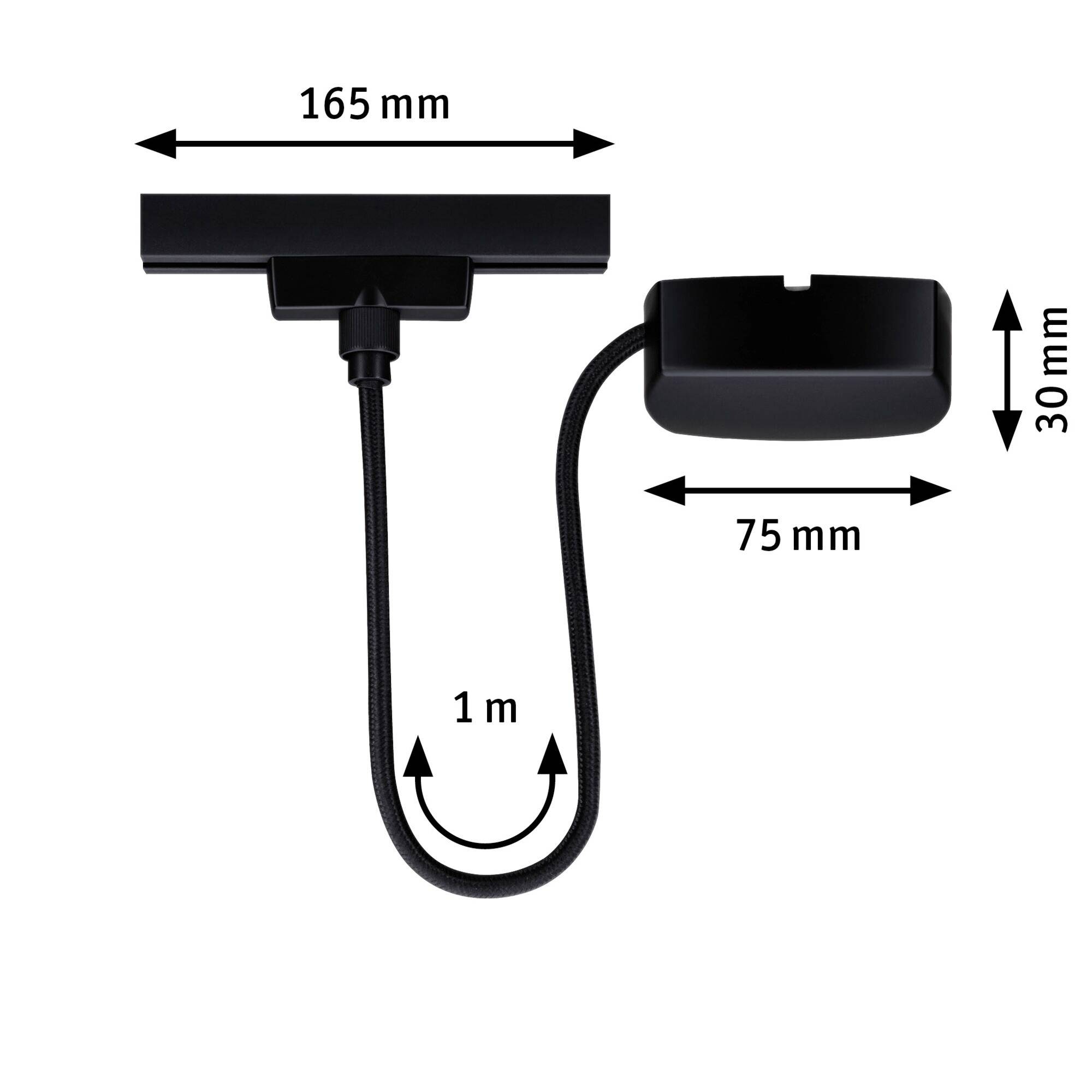 Černý LED labutí krk s výškou 1 metr. Šířka 165 mm, tělo lampy 75 mm široké a 30 mm vysoké.