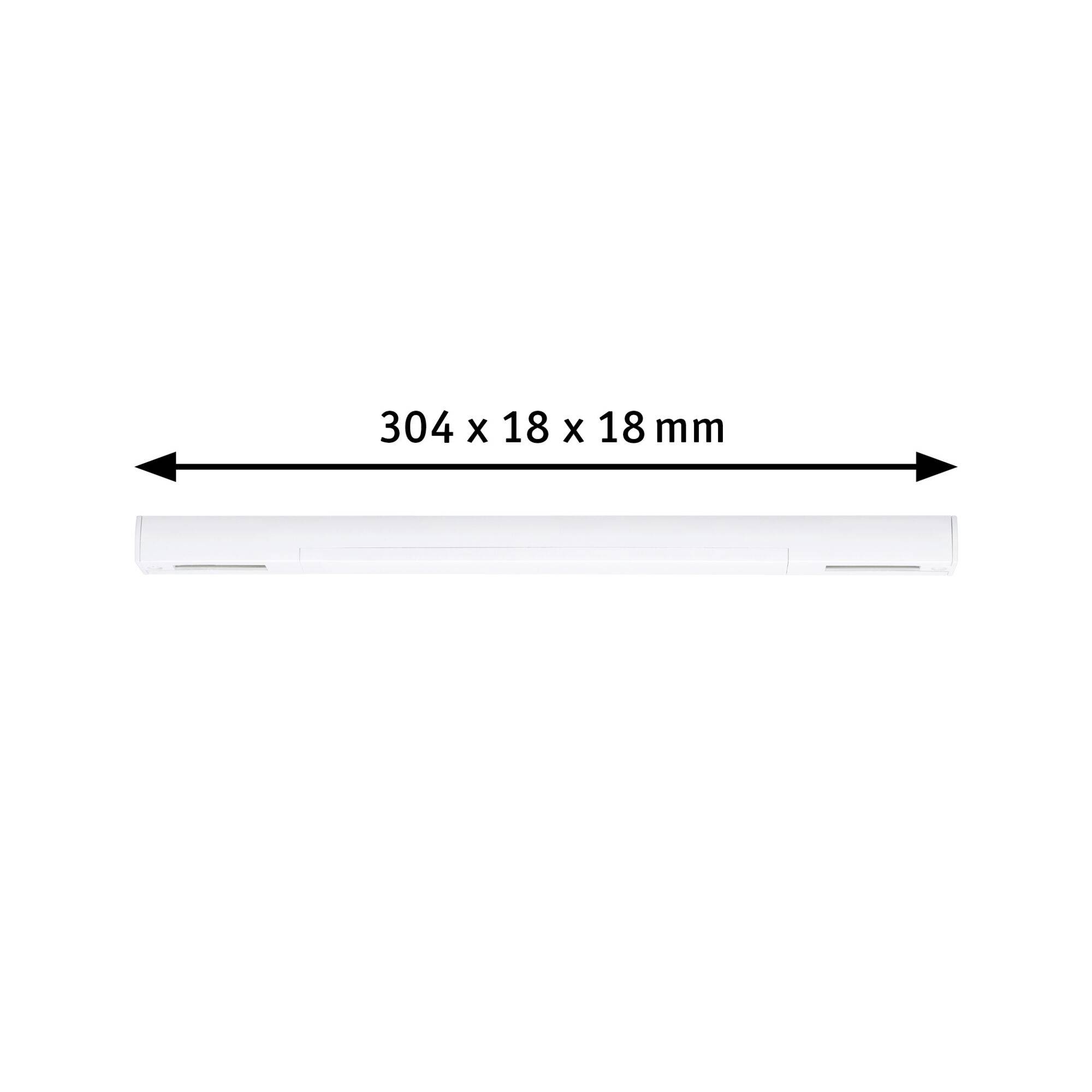 Bílé LED svítidlo, obdélníkového tvaru, na bílém pozadí. Rozměry: 304 x 18 x 18 mm, znázorněné zdvojenou šipkou nad svítidlem.