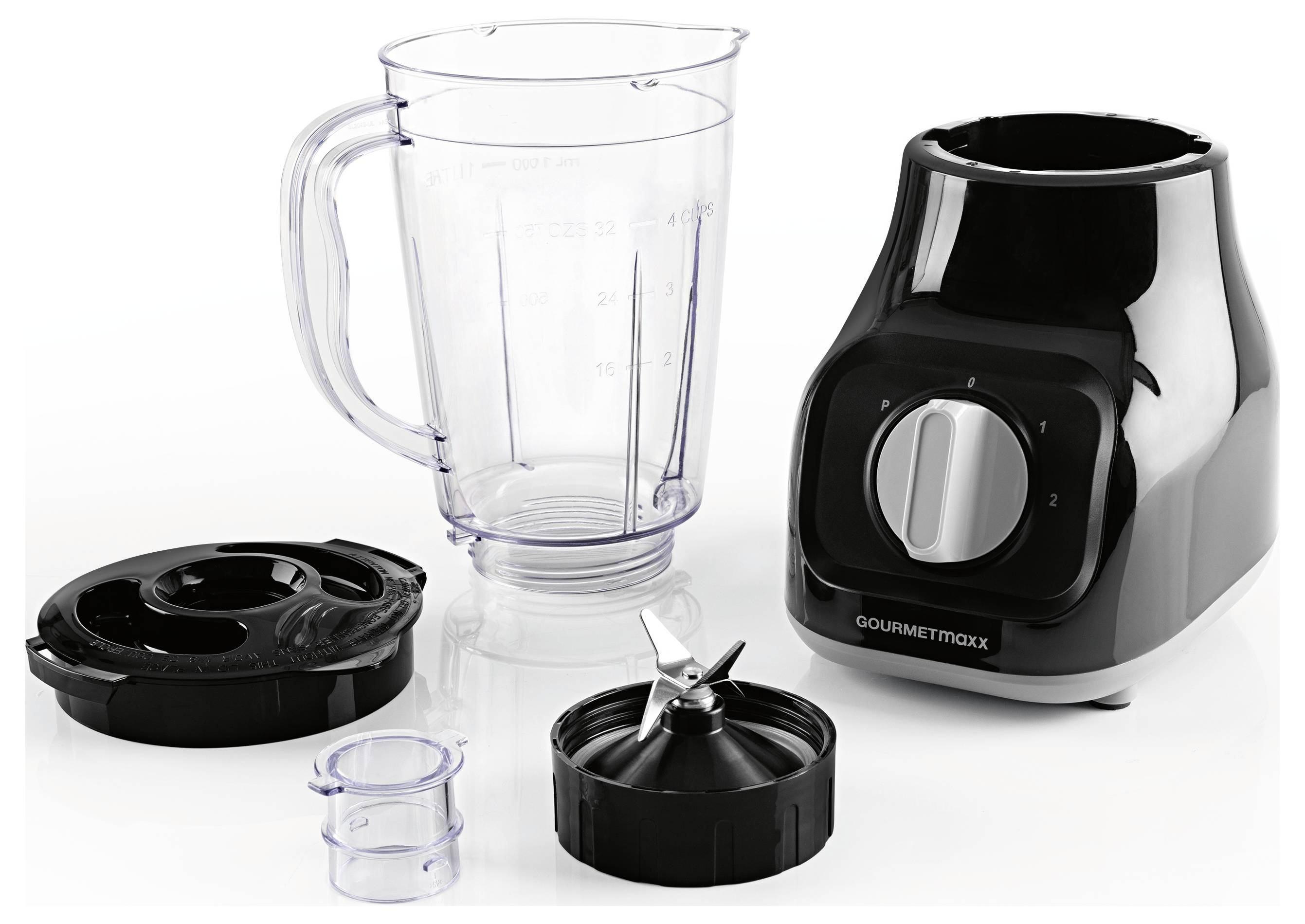 Mixérová sada s nádobou, víkem, noži a základnou s ovládacím knoflíkem, vhodná pro přípravu smoothies a pyré.