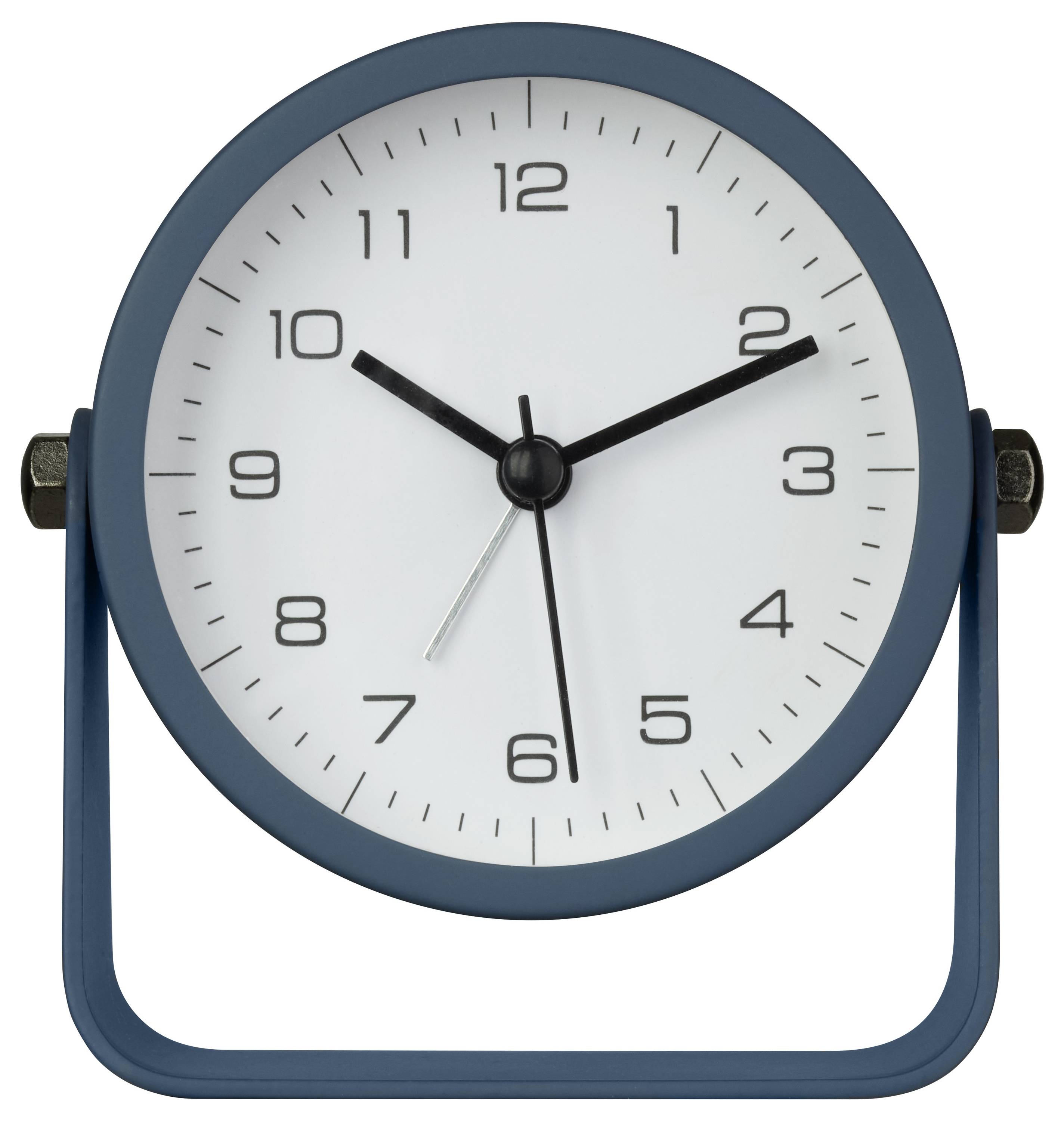 Analogové hodiny s modrým rámečkem ukazují 10:10.