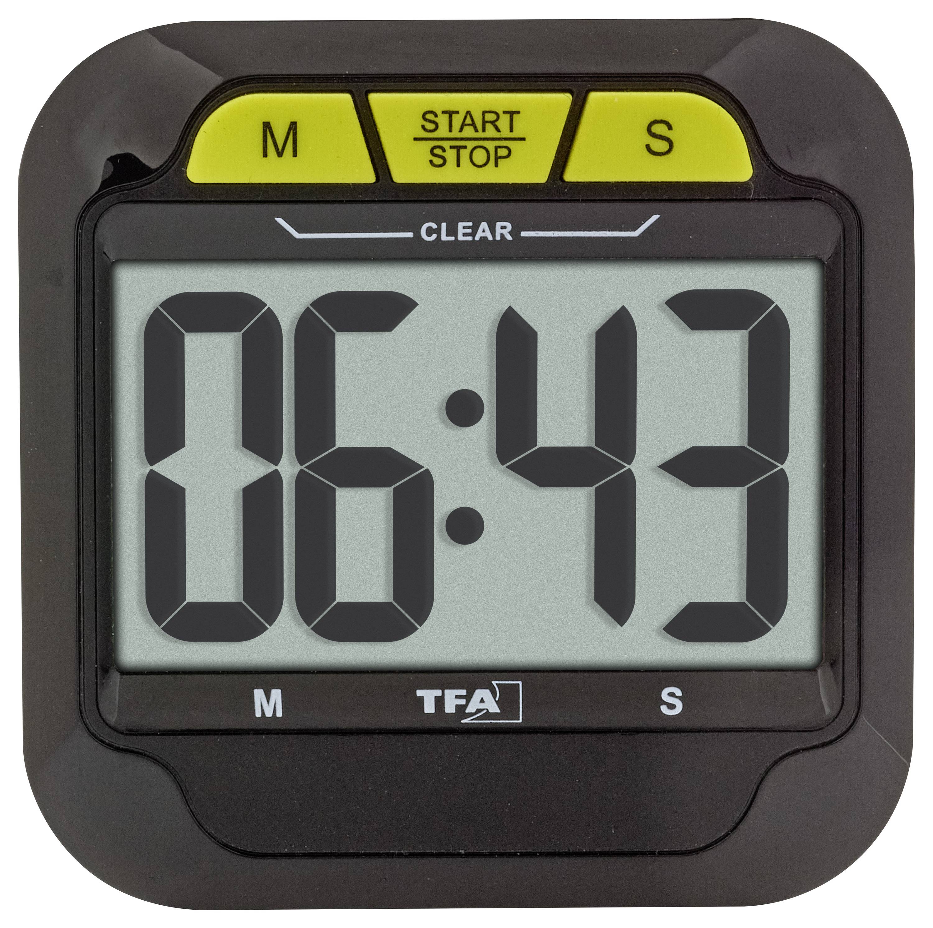 Digitální stopky ukazují 06:43. Nad displejem jsou tlačítka pro 'Start/Stop', 'M' pro minuty, 'S' pro sekundy. Obrazovka je oddělena nápisem 'CLEAR'.