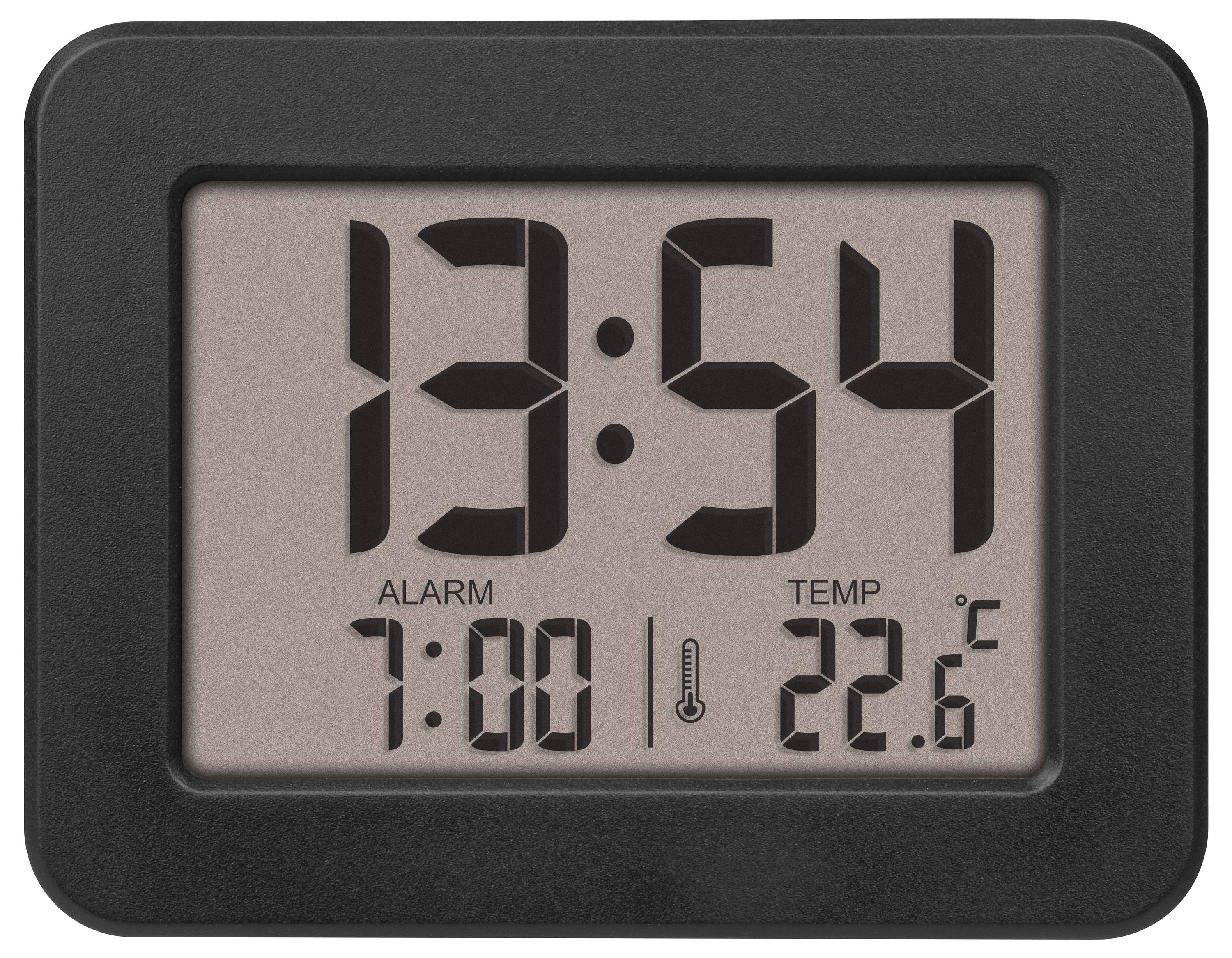 Digitální budík ukazuje 13:54, alarm nastaven na 7:00. Teplota 22,6°C. Černý rámeček.
