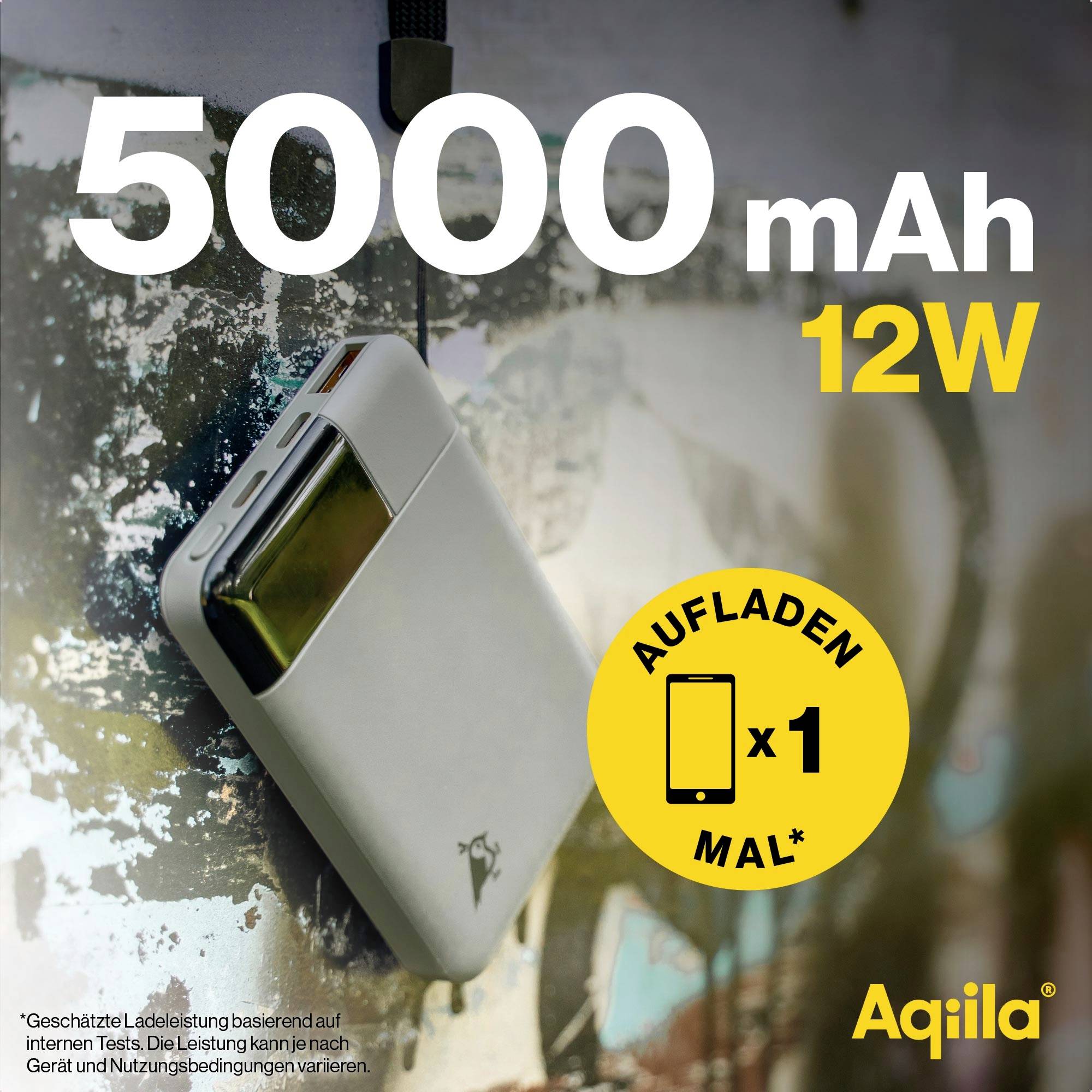 Powerbanka s kapacitou 5000 mAh při výkonu 12 W, která umožňuje jedno nabití smartphonu. Název produktu: Aqila.