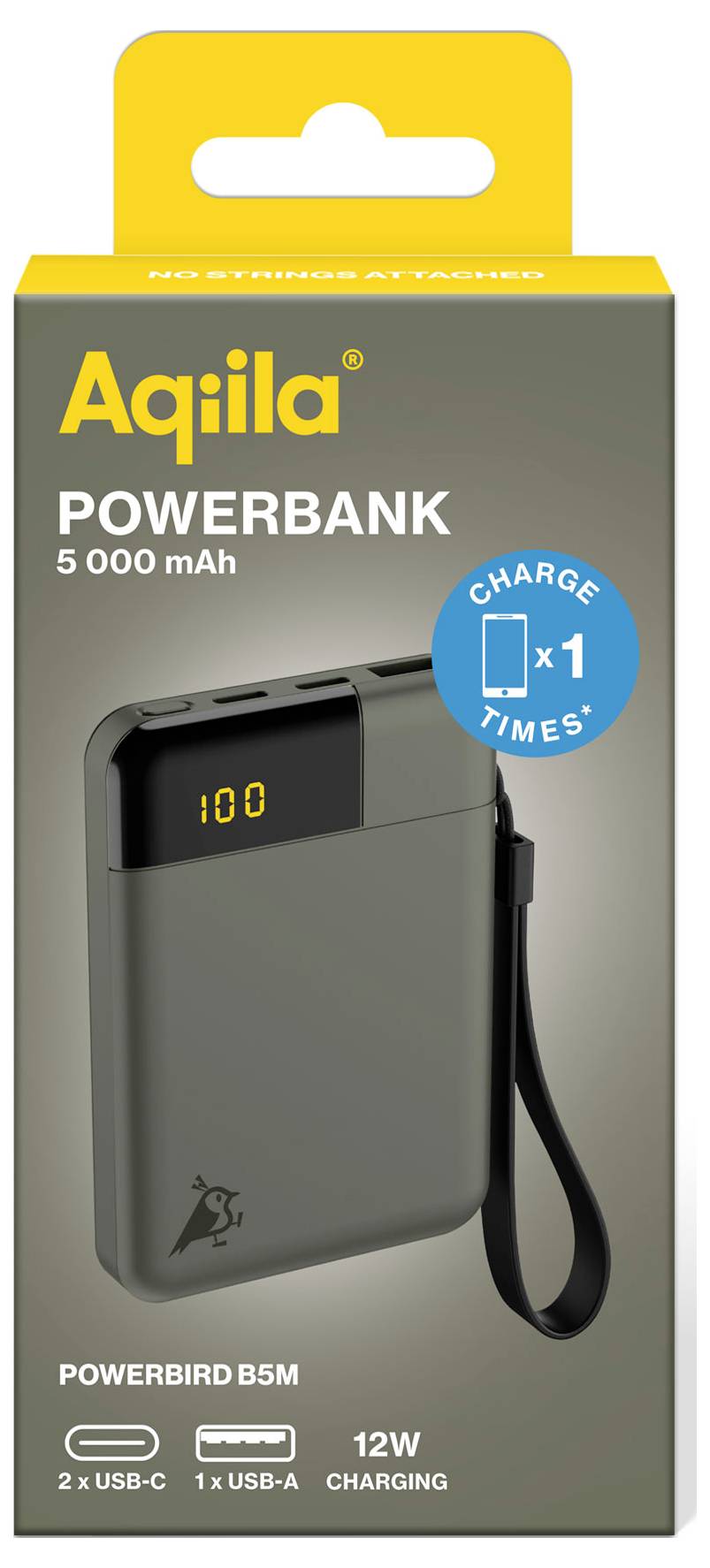 Obal zobrazuje powerbabanku s kapacitou 5.000 mAh, dvěma USB-C porty a jedním USB-A portem, digitálním displejem a černou úchytnou smyčkou.
