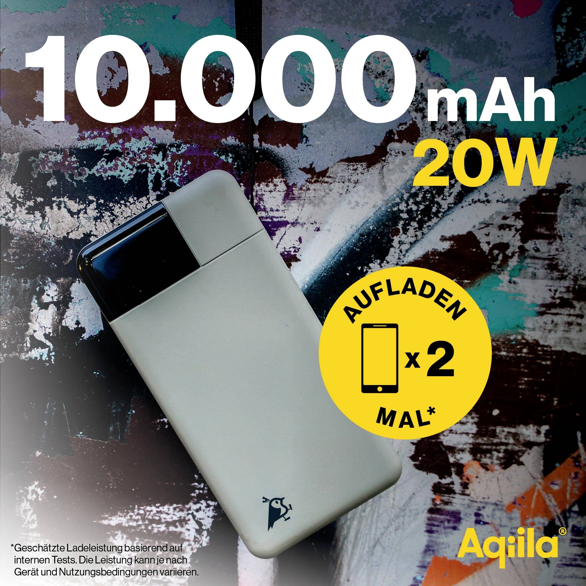 'Přenosná powerbanka s kapacitou 10.000 mAh a výkonem 20W. Umožňuje až dvě úplná nabití zařízení. Značka: Aqiila.'