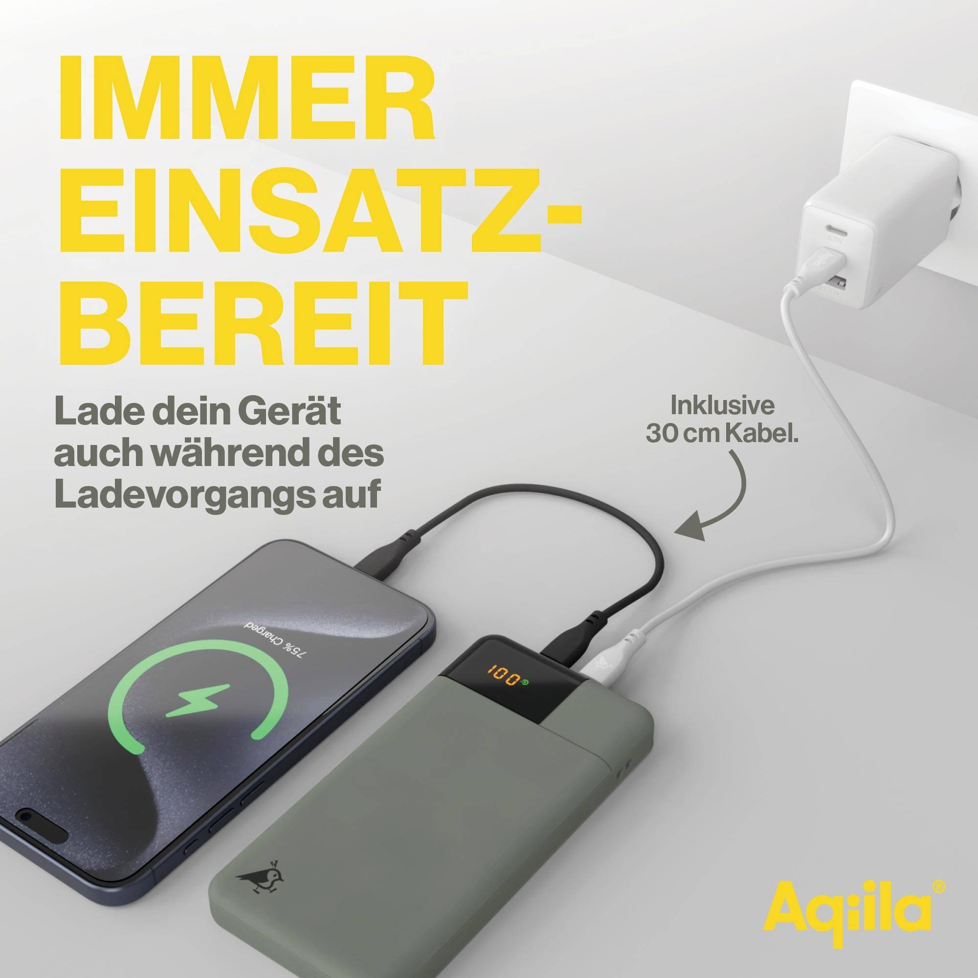 Powerbanka nabíjí smartphone přes krátký kabel. Text: 'Vždy připraveno k použití', 'Nabíjej během nabíjení'.