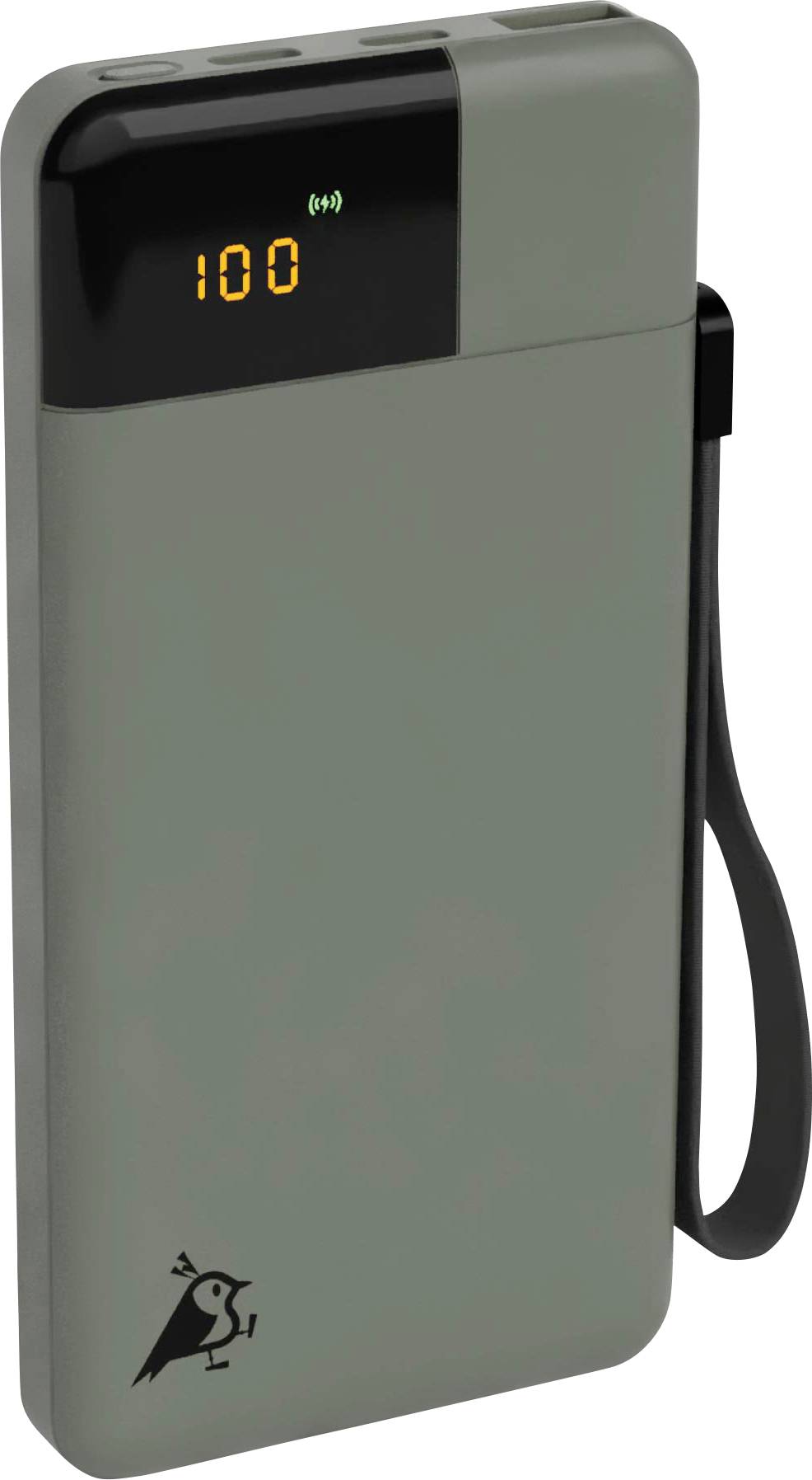 Šedá powerbanka s digitálním displejem zobrazujícím '100'. Vlevo dole je stylizované logo ptáka.