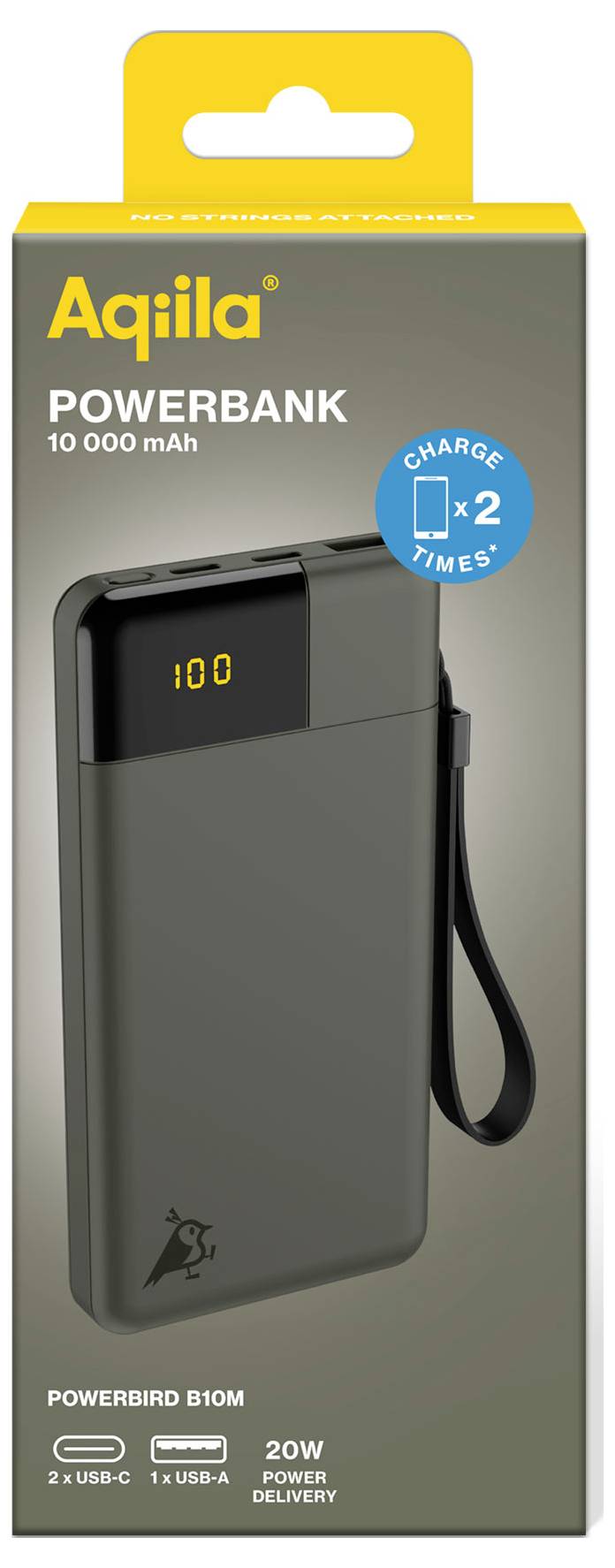 Obal powerbanka v černém provedení, model 'Powerbird B10M', 10.000 mAh, zobrazuje displej s indikátorem nabití. Obsahuje USB-C a USB-A porty.