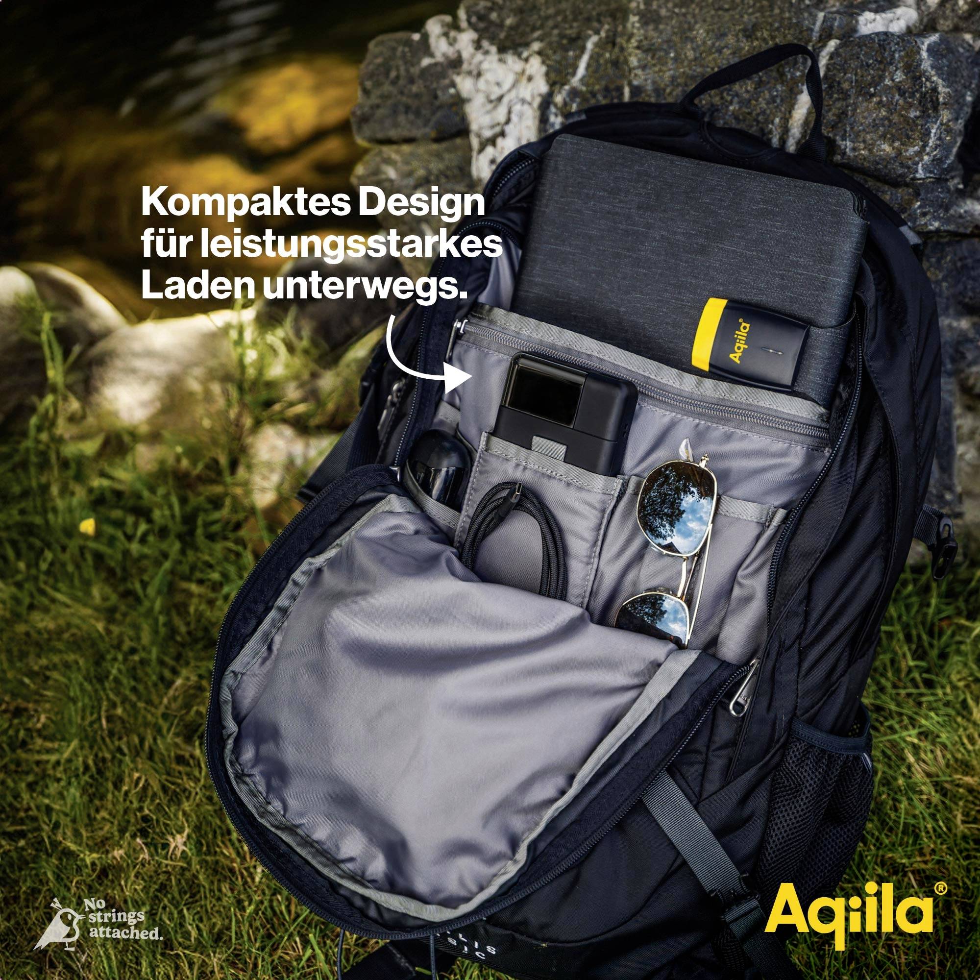 Batoh s různými kapsami ukazuje nabíječku a sluneční brýle. Text: 'Kompaktní design pro výkonné nabíjení na cestách.'