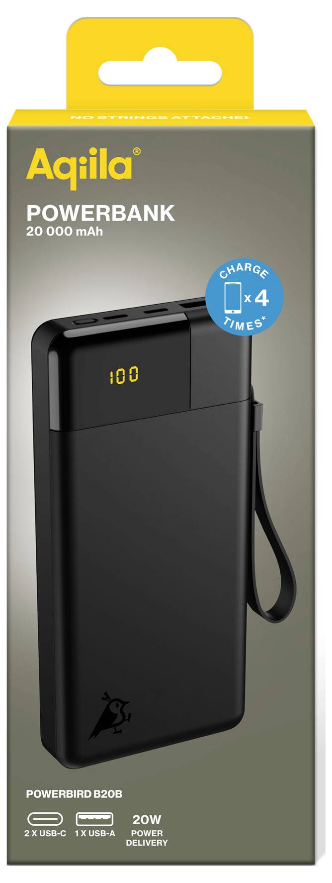 Powerbanka Aqila, 20.000 mAh, 20W, černá; Možnost čtyřnásobného nabíjení, 2x USB-C a 1x USB-A port