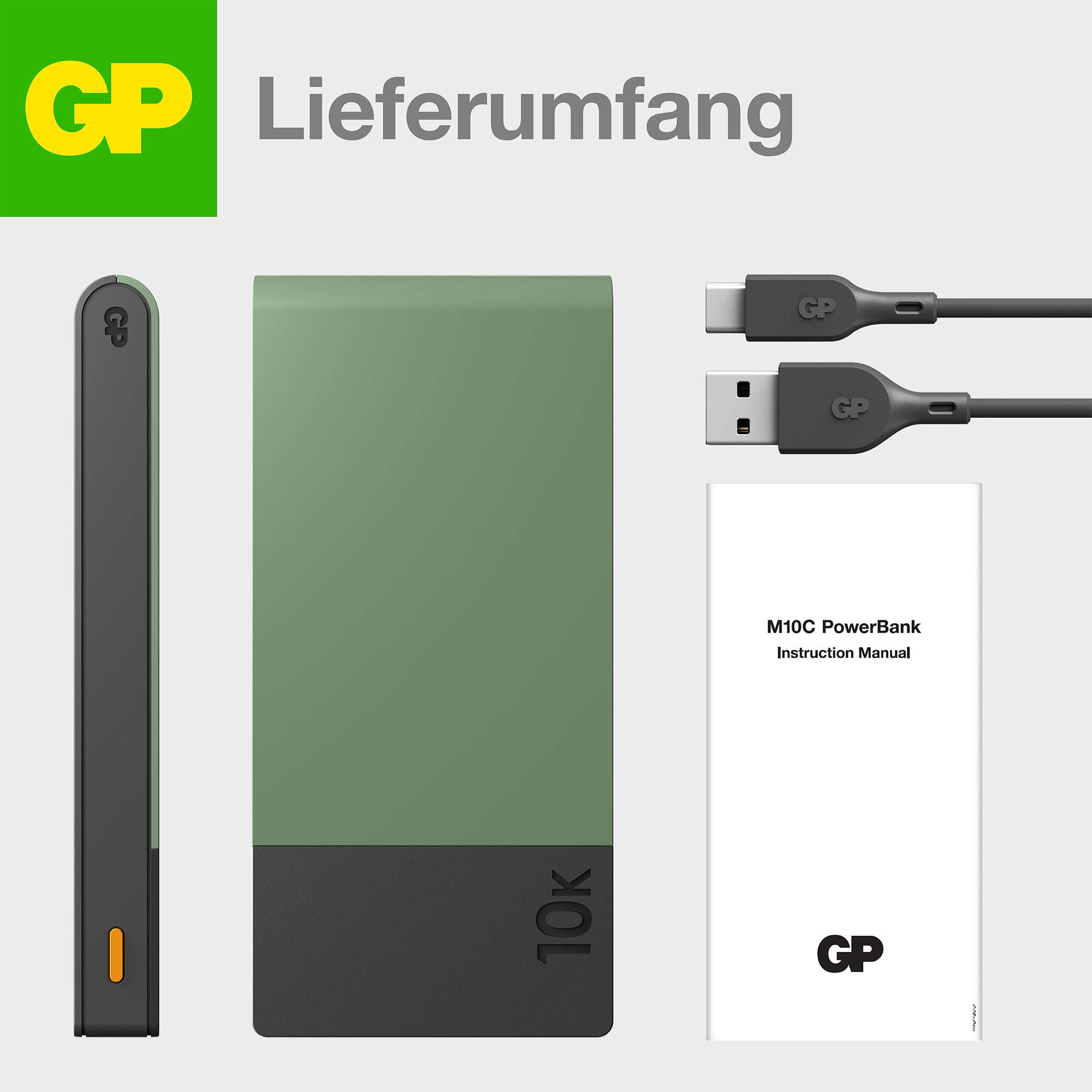 Powerbanka s kapacitou 10 000 mAh, nabíjecí kabel a návod k obsluze od GP.