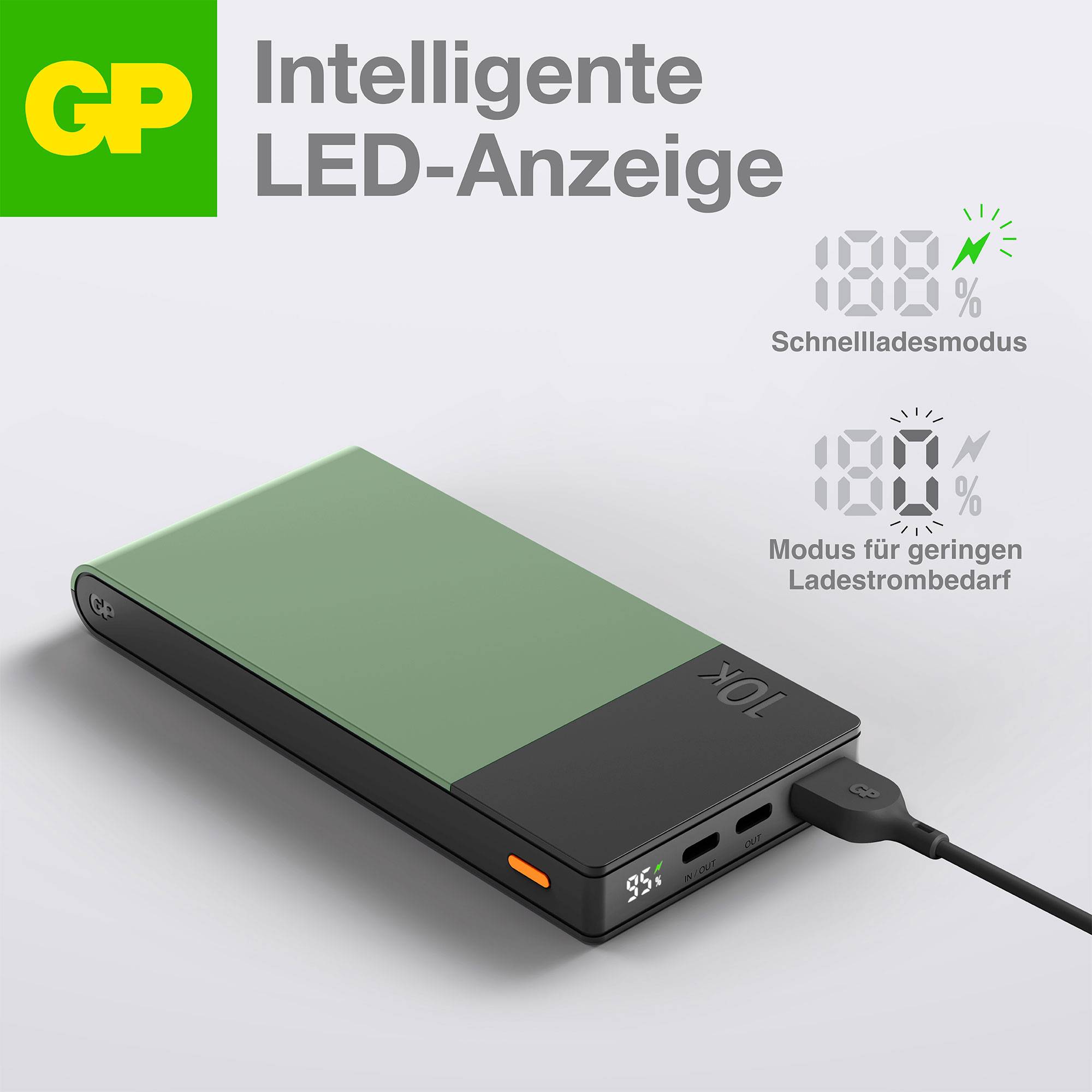 Přenosná powerbanka od GP s inteligentním LED displejem. Vyzdvižené nabíjecí možnosti: 'Rychlonabíjecí režim' a 'Režim pro nízkou spotřebu energie'.