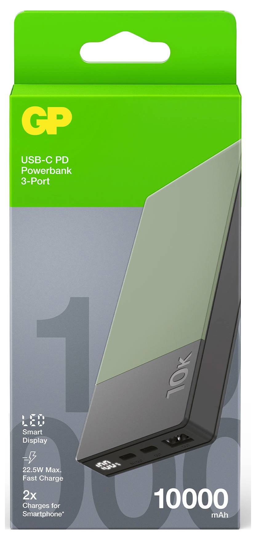 Powerbanka s přebalem se zeleným pozadím. Text: 'USB-C PD Powerbanka se 3 porty', 'LED chytrý displej', '10000 mAh', '2x rychlé nabíjení'.