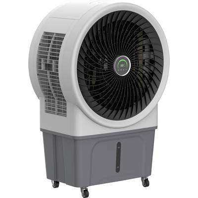 Bílošedý mobilní ventilátor s velkými rotačními listy a digitálním displejem, umístěný na stabilním podstavci s kolečky.