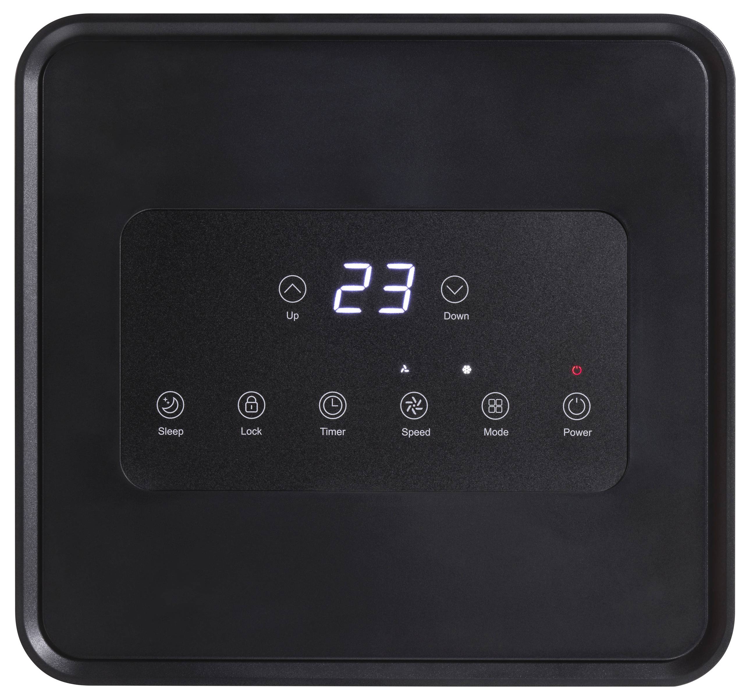 Černý ovládací panel zařízení s LED displejem '23'. Viditelné tlačítka pro Sleep, Lock, Timer, Speed, Mode a Power.