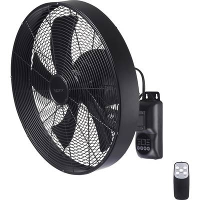 Černý nástěnný ventilátor s dálkovým ovládáním a digitálním displejem. Vhodný pro řízení cirkulace vzduchu v interiérech.