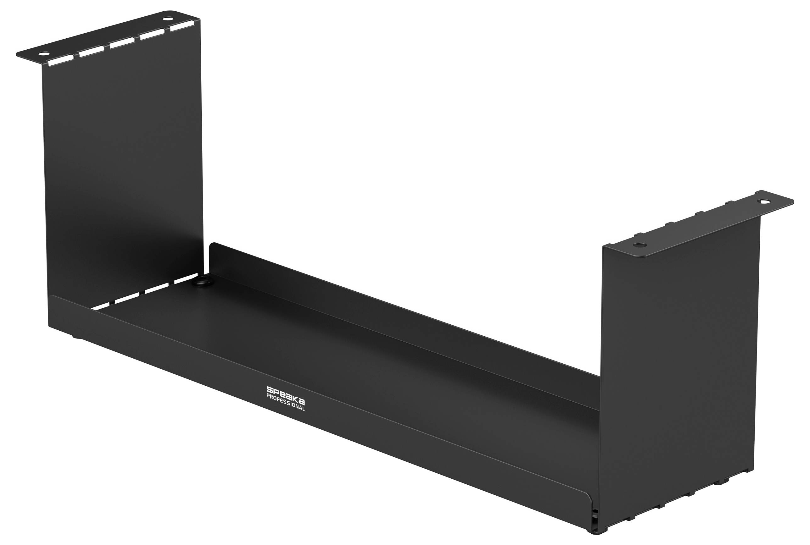 Černý kovový držák kolejnic. Obdélníkový design se zvýšenými stranami pro upevnění nebo přenášení předmětů.