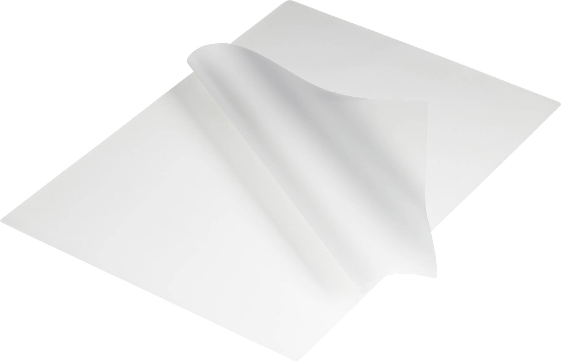 Průsvitný nebo poloprůsvitný list papíru, lehce ohnutý, leží na bílém pozadí.