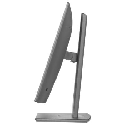 Štíhlý, moderní počítačový monitor sledovaný z boku, zobrazující jeho tenký profil a design stojanu na jednoduchém bílém pozadí.