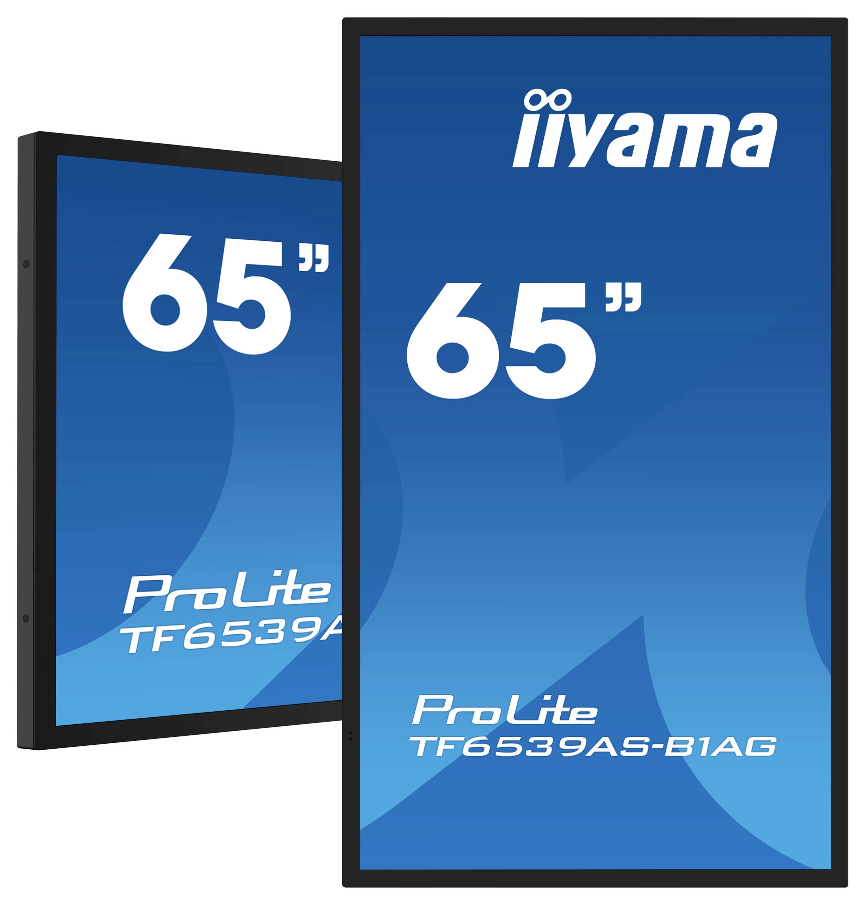 Dva displeje Iiyama ProLite TF6539AS-B1AG zobrazující '65"'. Pozadí je modré s viditelným názvem značky a modelem produktu.