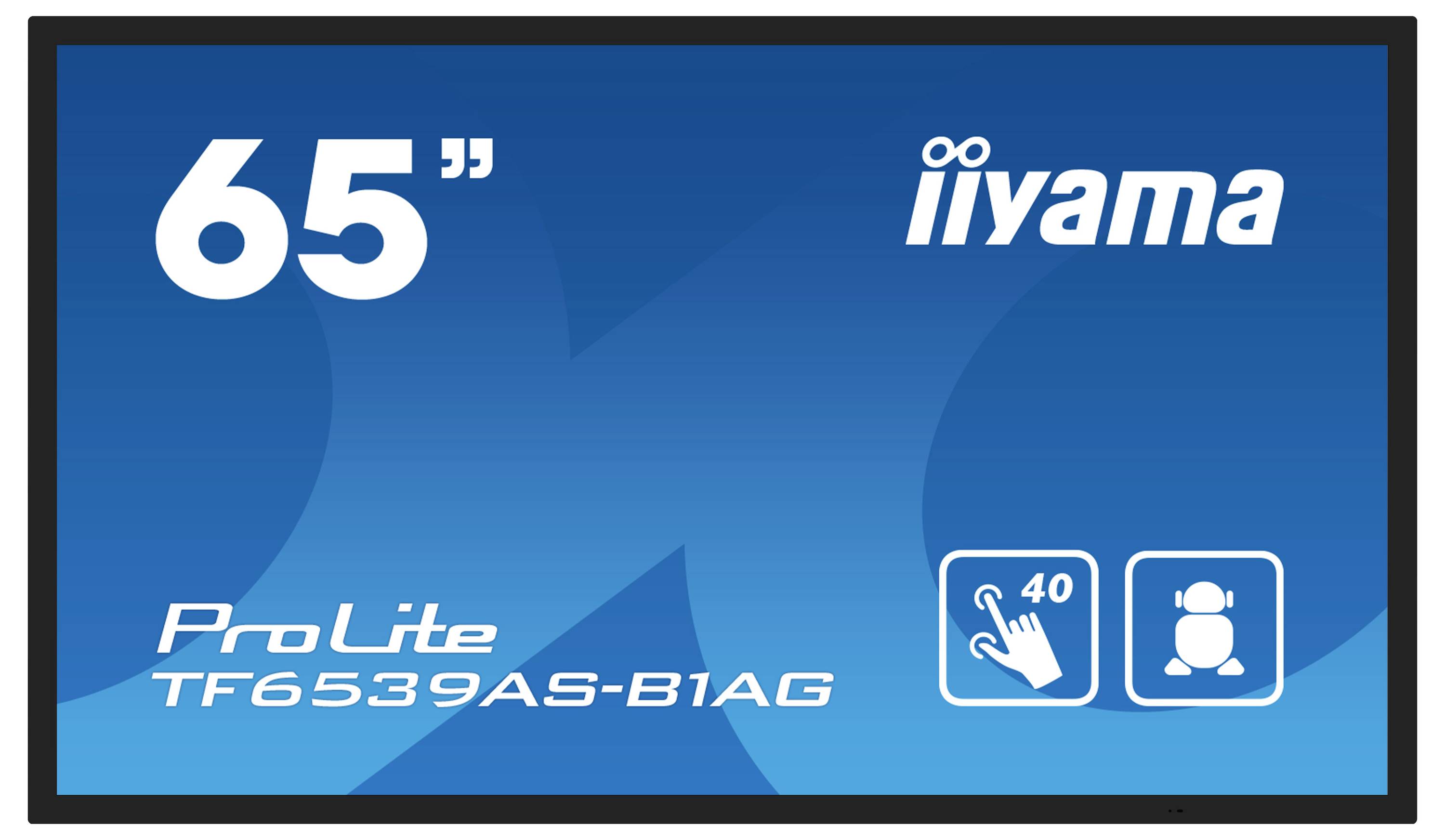 Modrá reklama na 65palcový displej iiyama ProLite model TF6539AS-B1AG, zobrazující ikony dotykového ovládání a osoby.