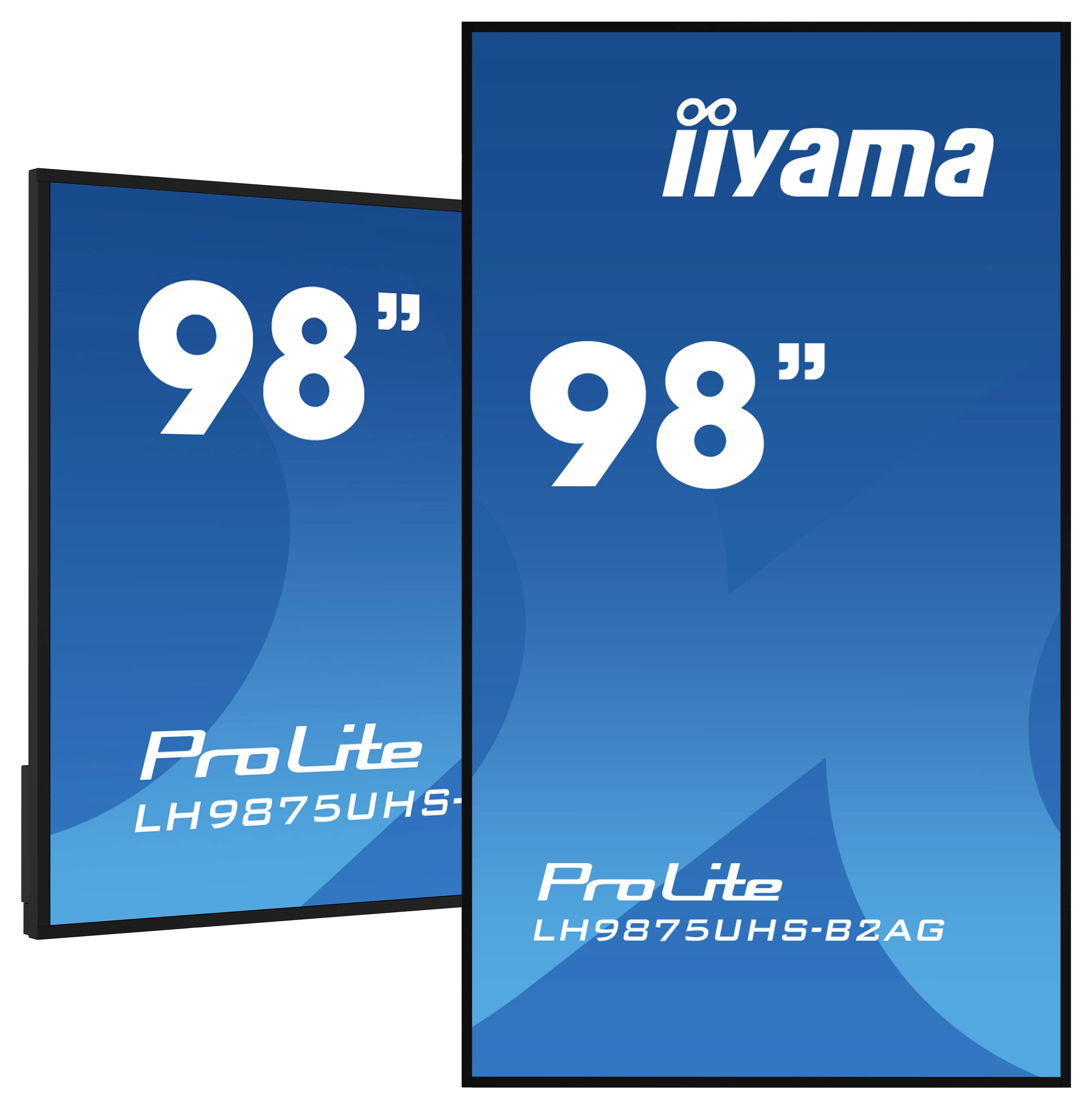 Dva velké monitory Iiyama ProLite, každý o velikosti 98 palců, model LH9875UHS-B2AG, jsou zobrazeny ve svislé (na výšku) orientaci.