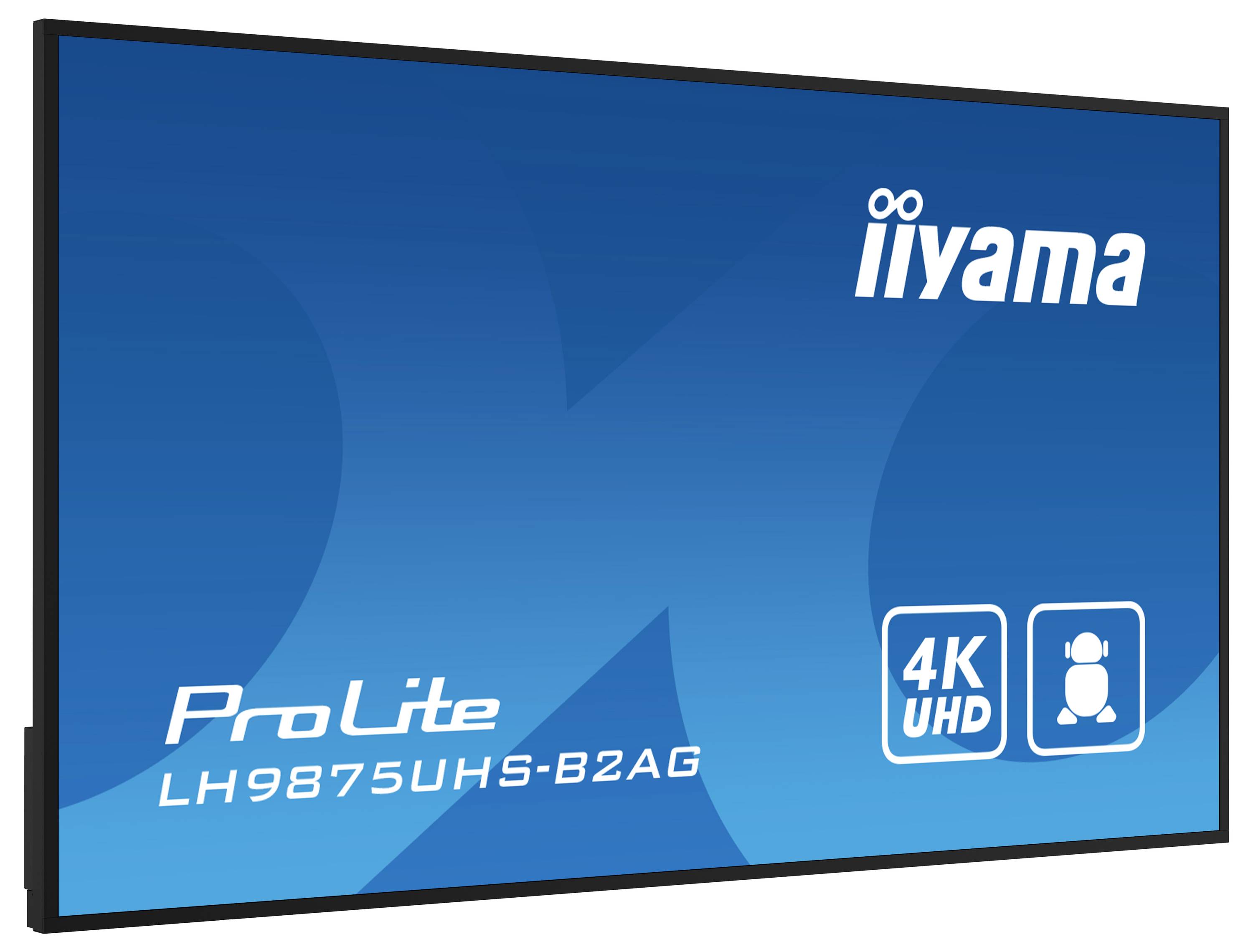 Modrý displej zobrazující logo iiyama, název modelu 'ProLite LH9875UHS-B2AG' a '4K UHD' s ikonou, který zvýrazňuje jeho specifikace.