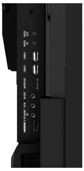 Boční pohled na monitor zobrazující porty: dva HDMI vstupy, dva USB porty, jeden konektor pro sluchátka a jeden slot pro SD kartu, zvýrazňující možnosti připojení.