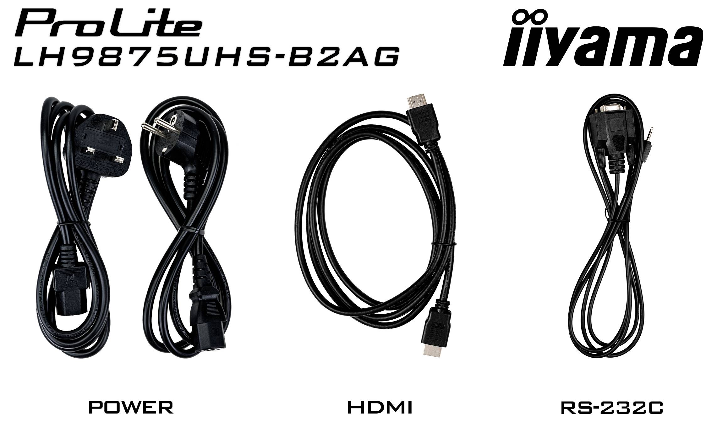 'ProLite LH9875UHS-B2AG' monitor kabely: napájecí, HDMI a RS-232C, zobrazené pro možnosti připojení. Značeno jako 'iiyama'.
