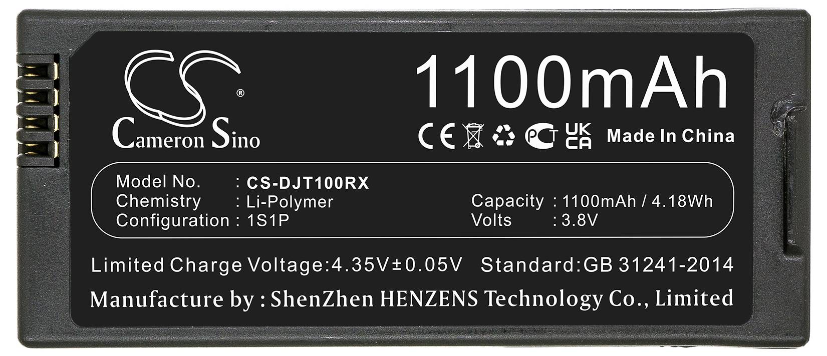 Bateriový štítek s výkonem 1100mAh, model CS-DJT100RX, Li-Polymer, nabíjecí napětí 4,35V, vyrobeno v Číně.