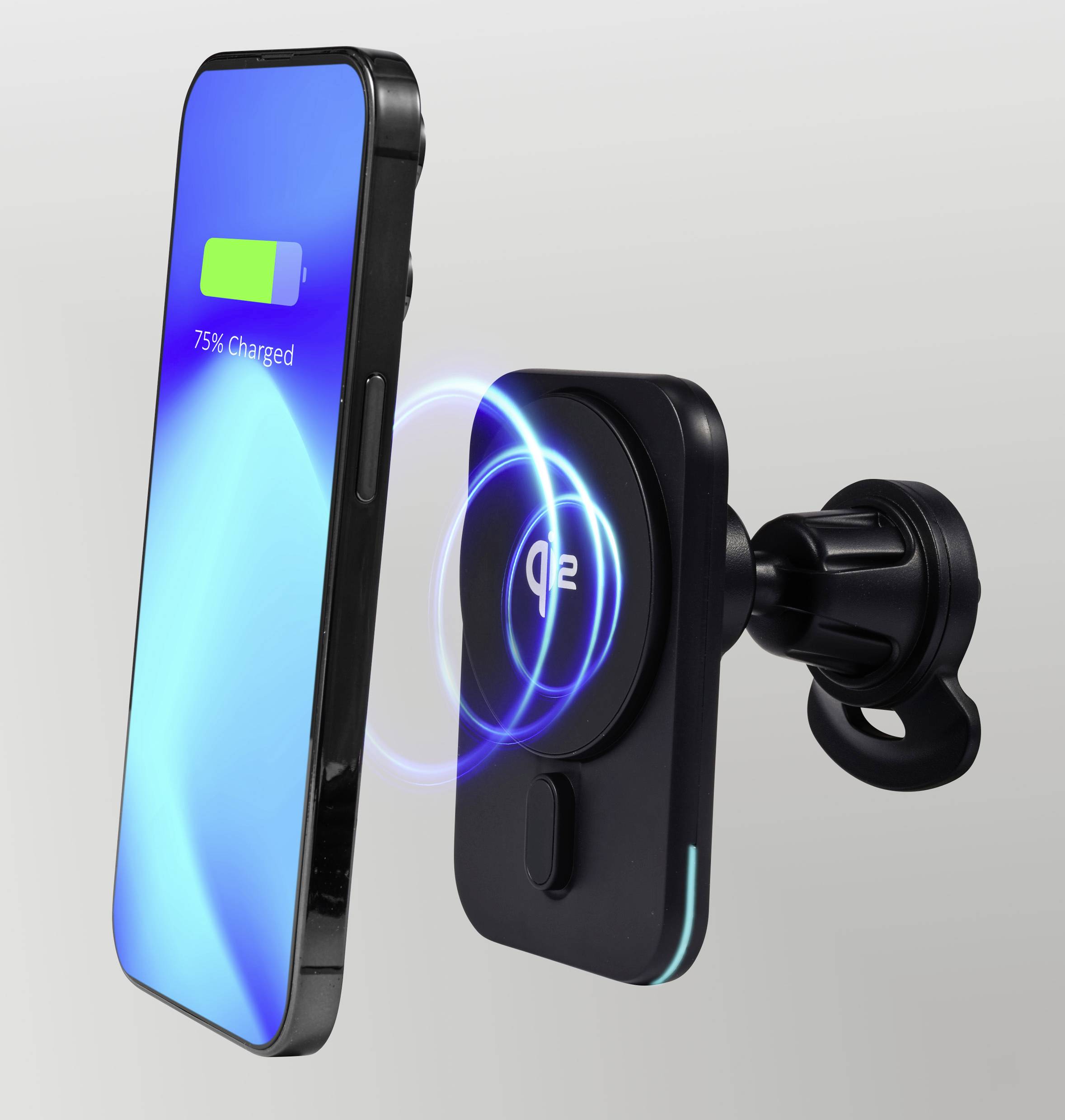 Mobilní telefon je bezdrátově nabíjen a zobrazuje 75% nabití. Je upevněn na magnetickém držáku v autě.