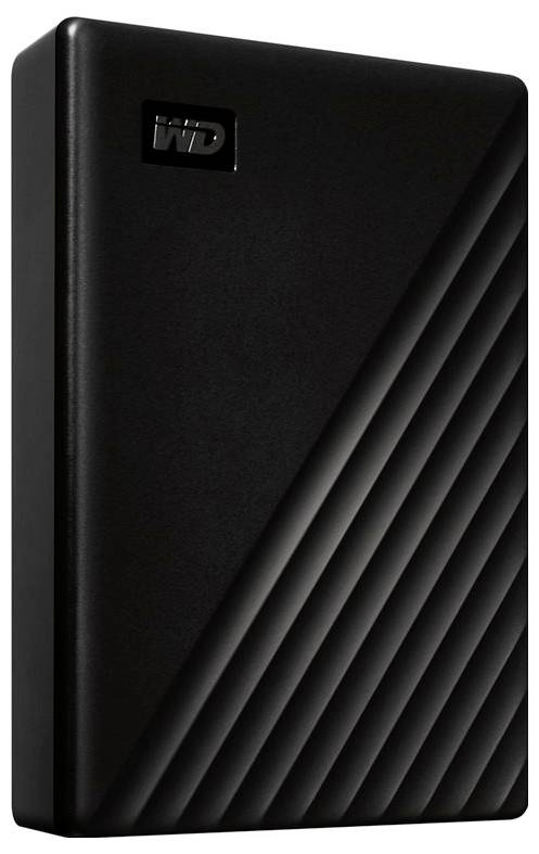 Externí pevný disk v černém pouzdře s diagonálními pruhy a logem 'WD' v levém horním rohu.
