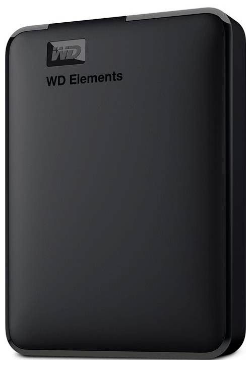 Černý externí pevný disk 'WD Elements' s hladkým povrchem, kompaktní design, přenosné úložné řešení.